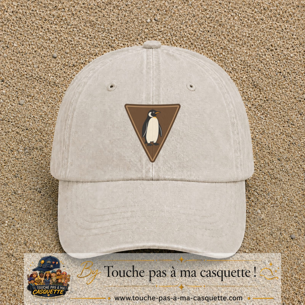 Casquette baseball Beige clair délavé 100% coton avec visuel Pingouin panneau 7 cm - image produit principale