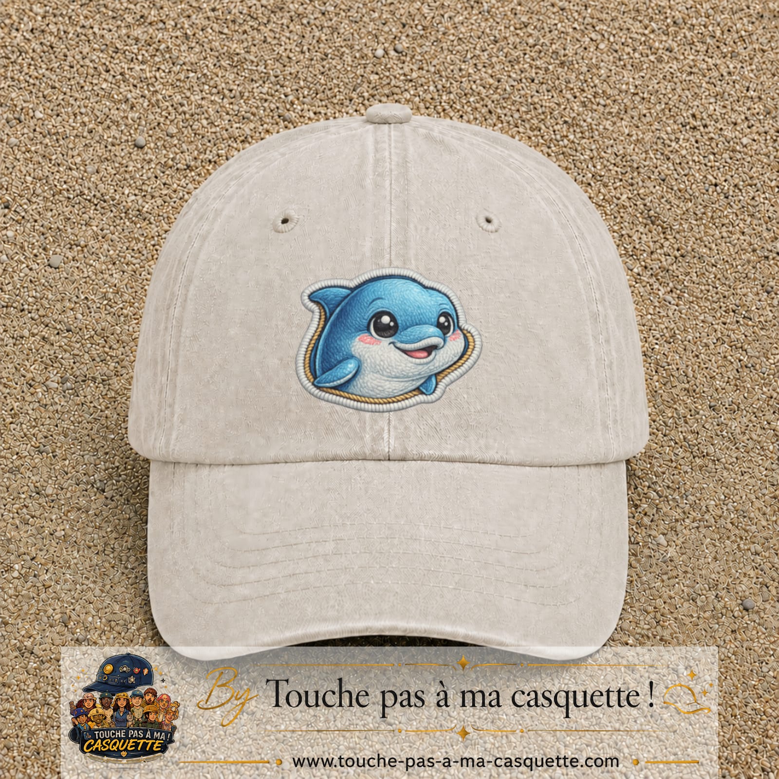 Casquette Beige clair délavé motif Dauphin souriant 7 cm - vue principale