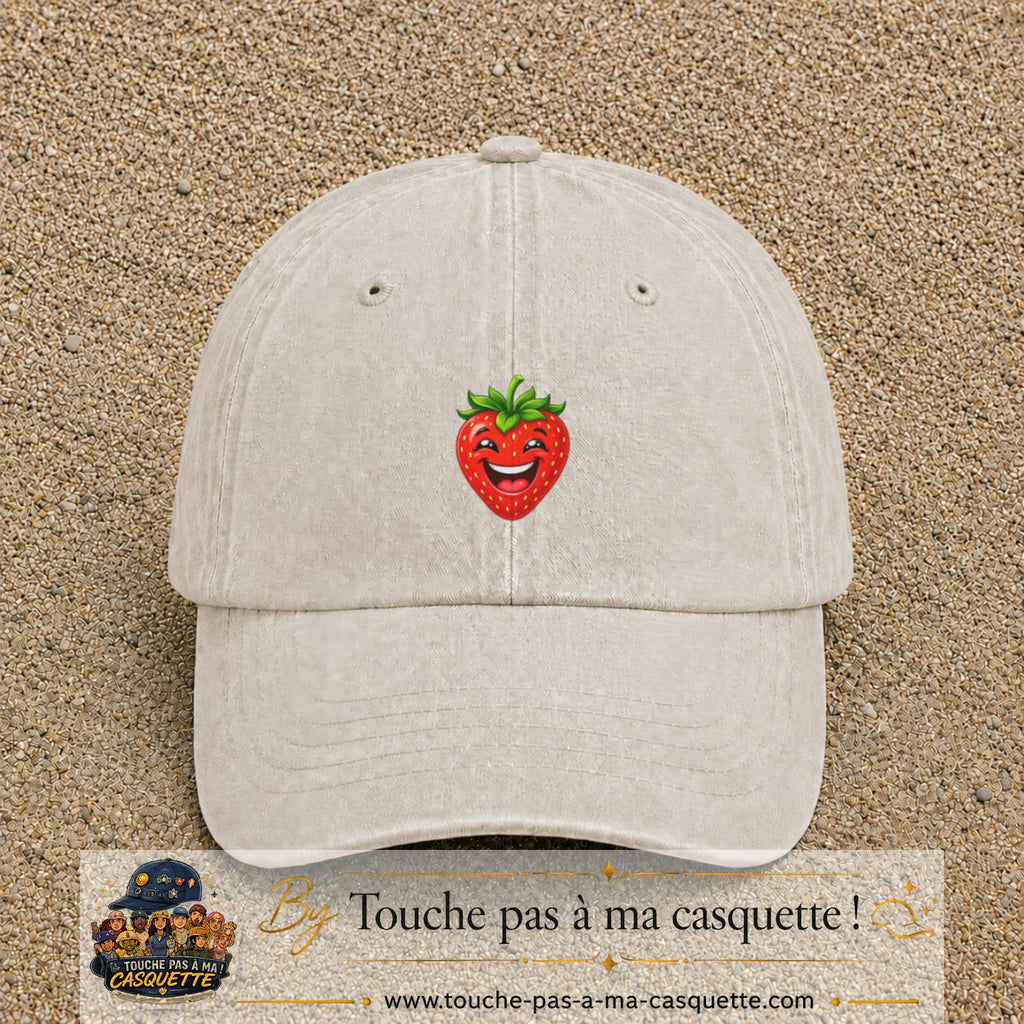 Casquette baseball Beige clair délavé 100% coton avec motif Fraise souriante 3 cm - image principale
