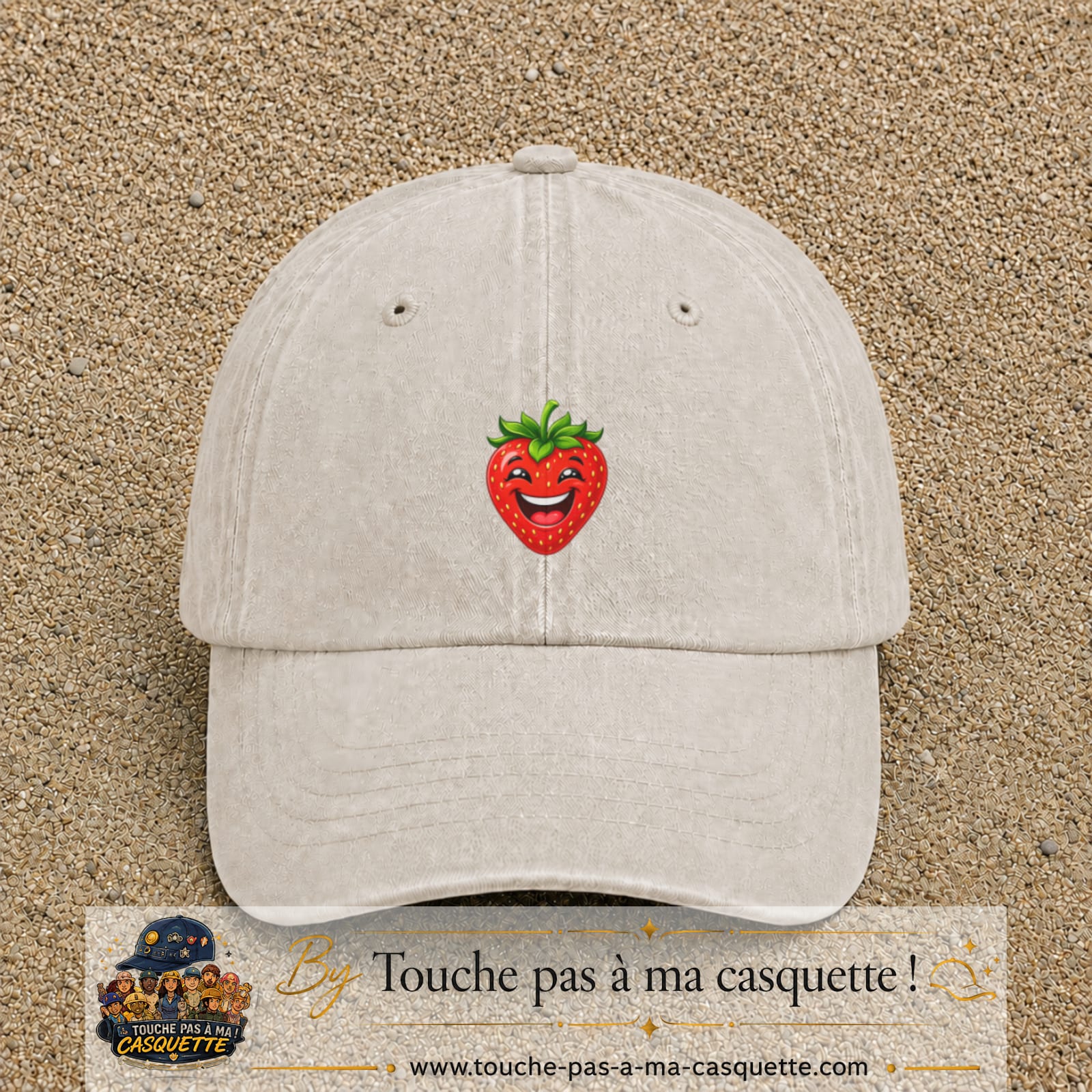 Casquette baseball Beige clair délavé 100% coton avec motif Fraise souriante 3 cm - image principale