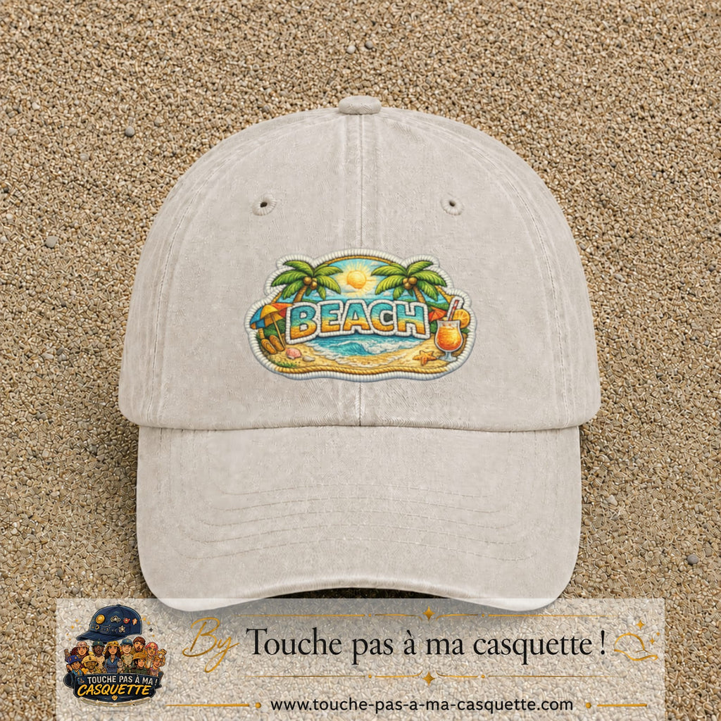 Casquette Beige clair délavé motif Plage tropicale Beach 7 cm - vue principale