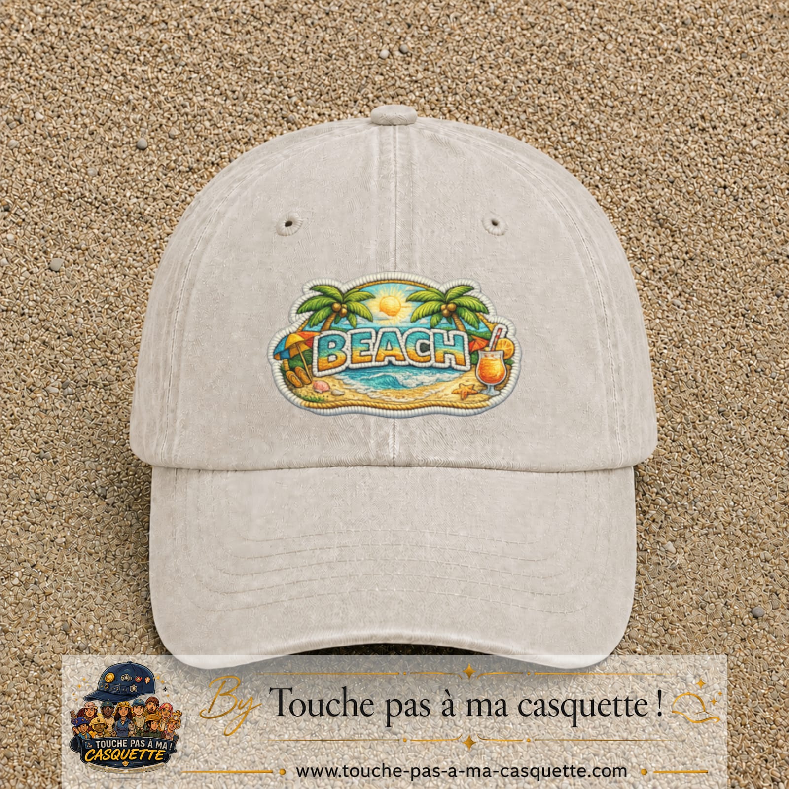 Casquette Beige clair délavé motif Plage tropicale Beach 7 cm - vue principale