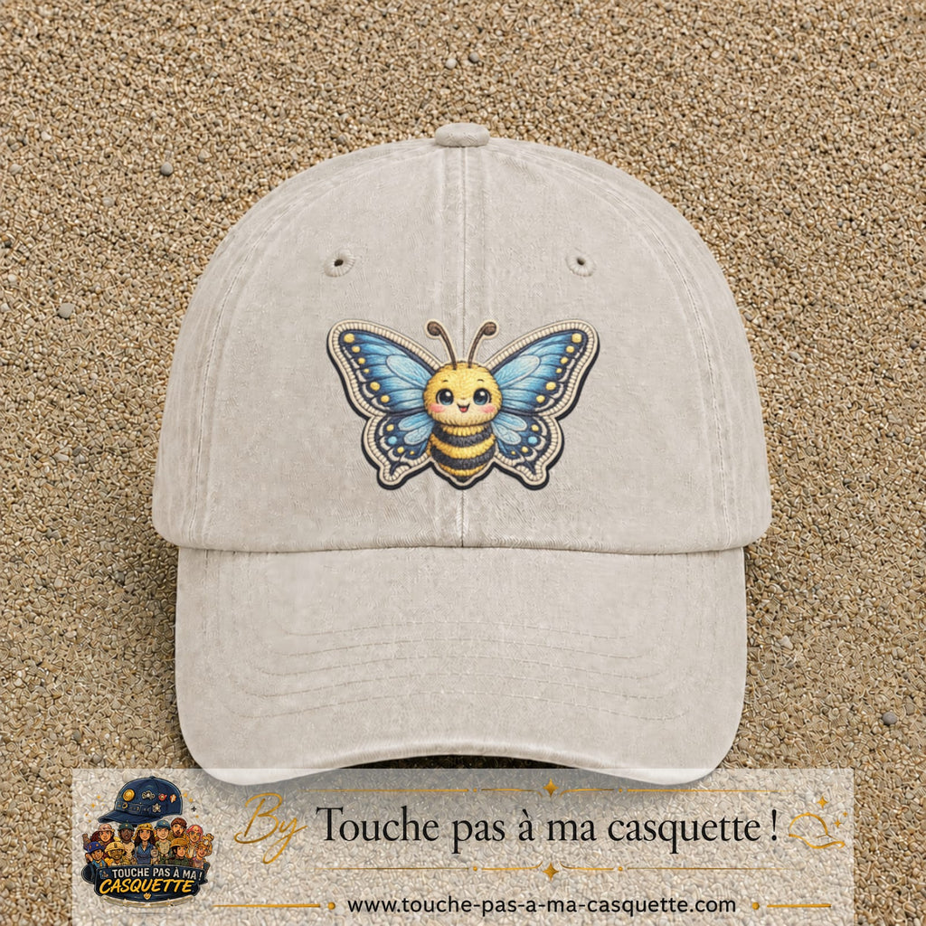 Casquette Beige clair délavé motif Abeille papillon 7 cm - vue principale