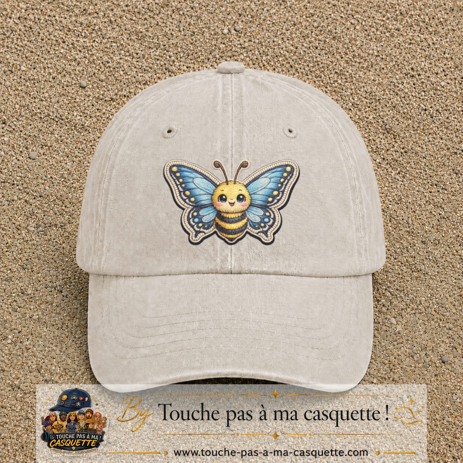 Casquette Beige clair délavé motif Abeille papillon 7 cm - vue principale