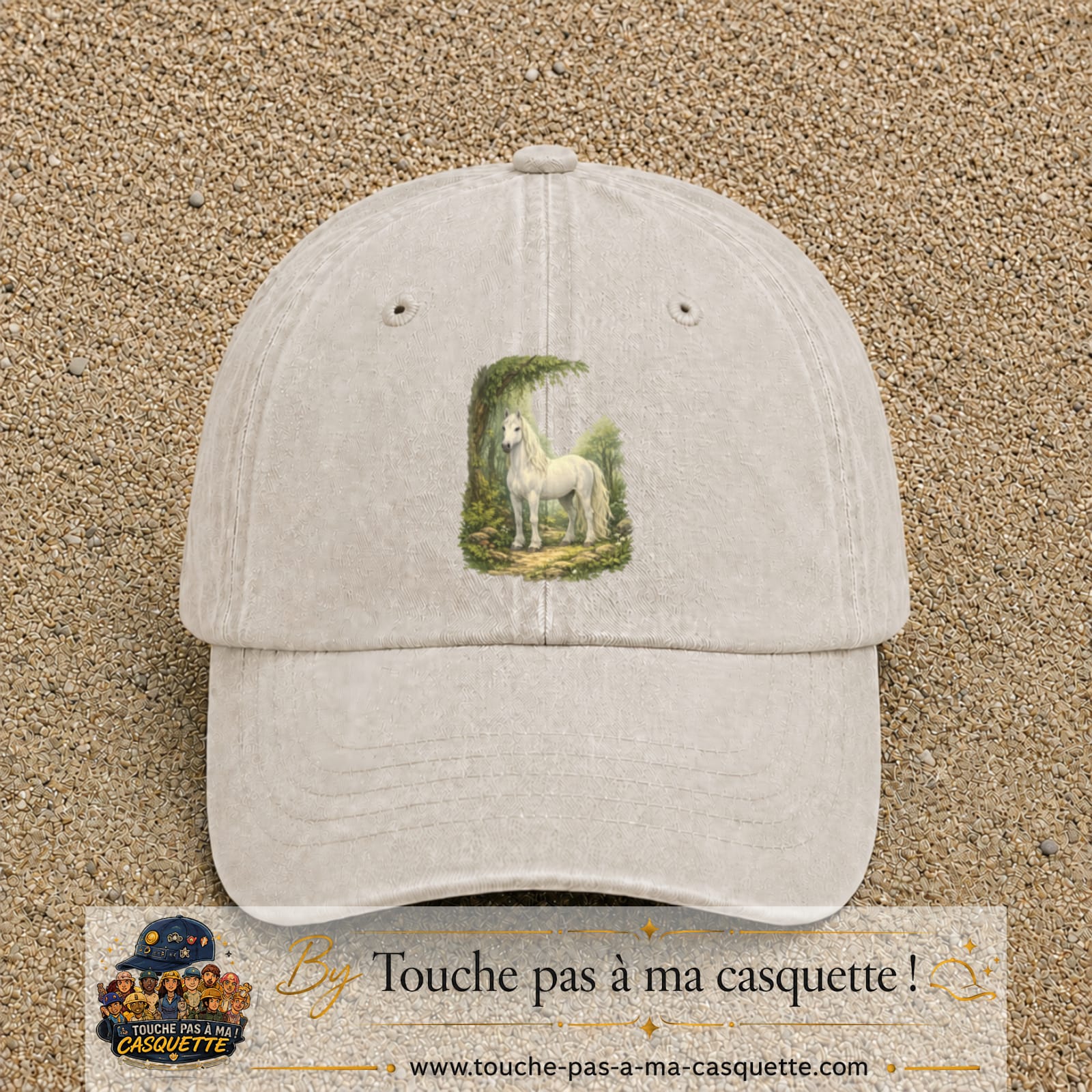 Casquette baseball Beige clair délavé 100% coton avec motif Cheval blanc en forêt 7 cm - image principale