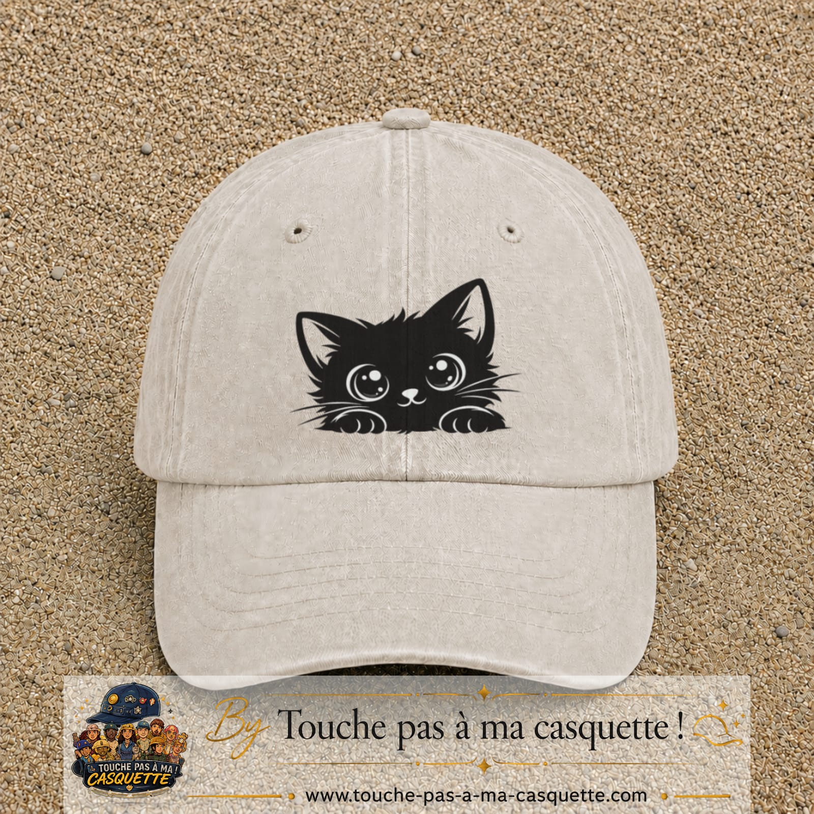 Casquette Beige clair délavé motif Chaton malicieux 7 cm - vue principale