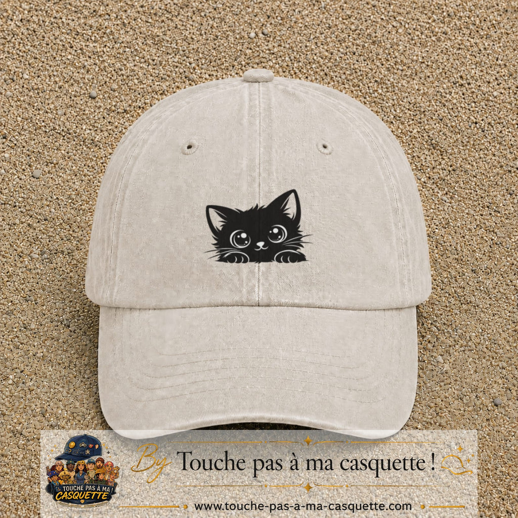 Casquette baseball Beige clair délavé 100% coton avec visuel Chaton noir kawaii 5 cm - image produit principale
