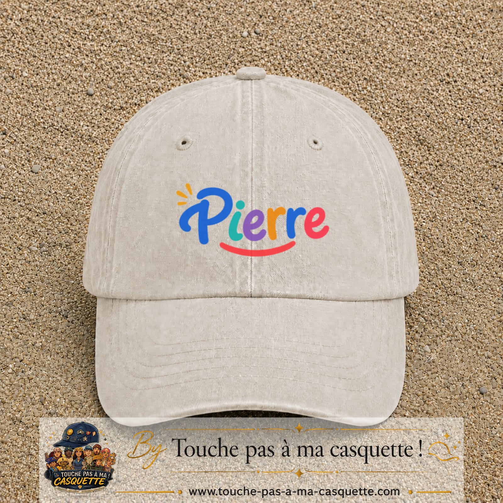 Casquette baseball Beige clair délavé 100% coton avec visuel Prénom Pierre coloré 5 cm - image produit principale