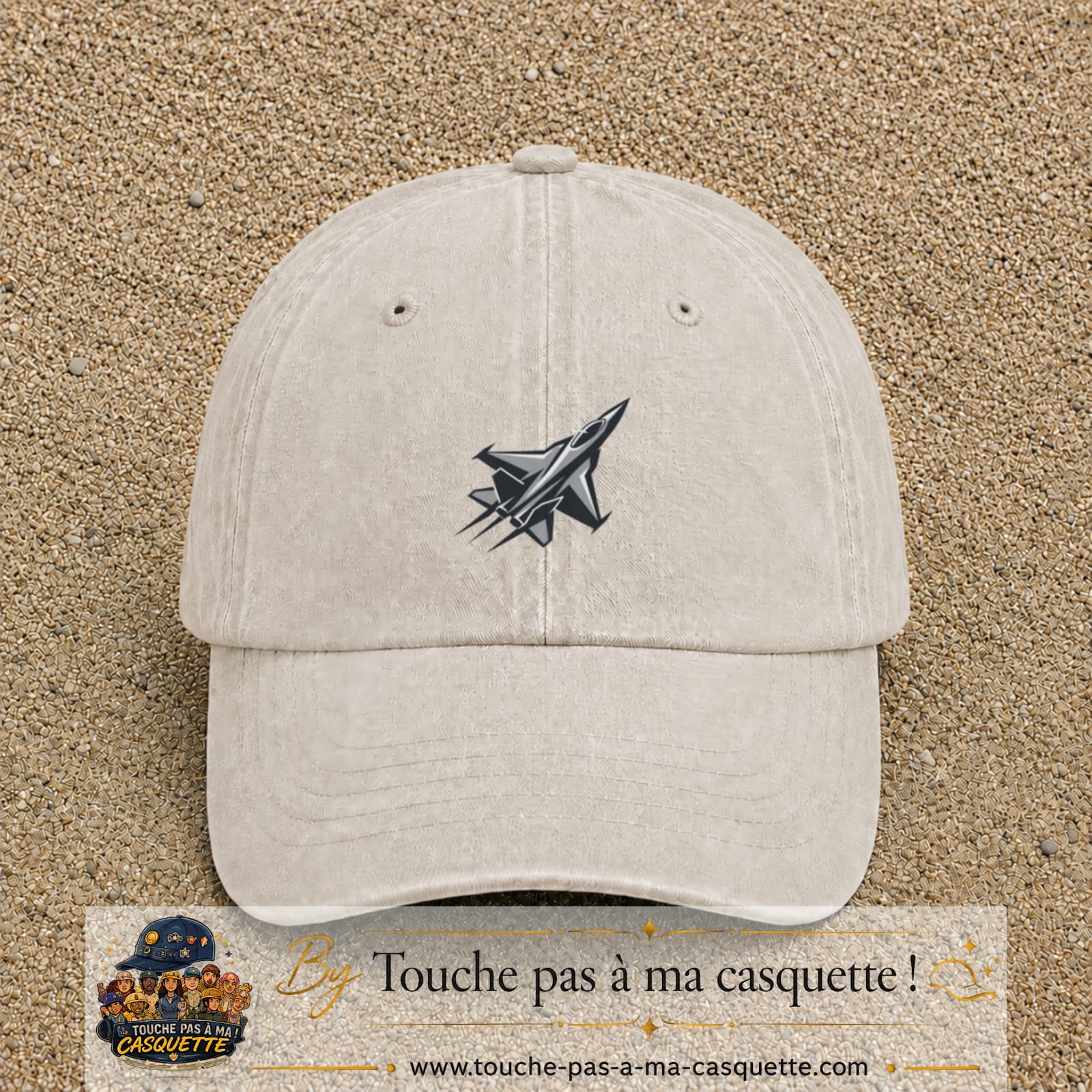 Casquette Beige clair délavé 100% coton avec motif Avion de chasse stylisé 5 cm - image principale