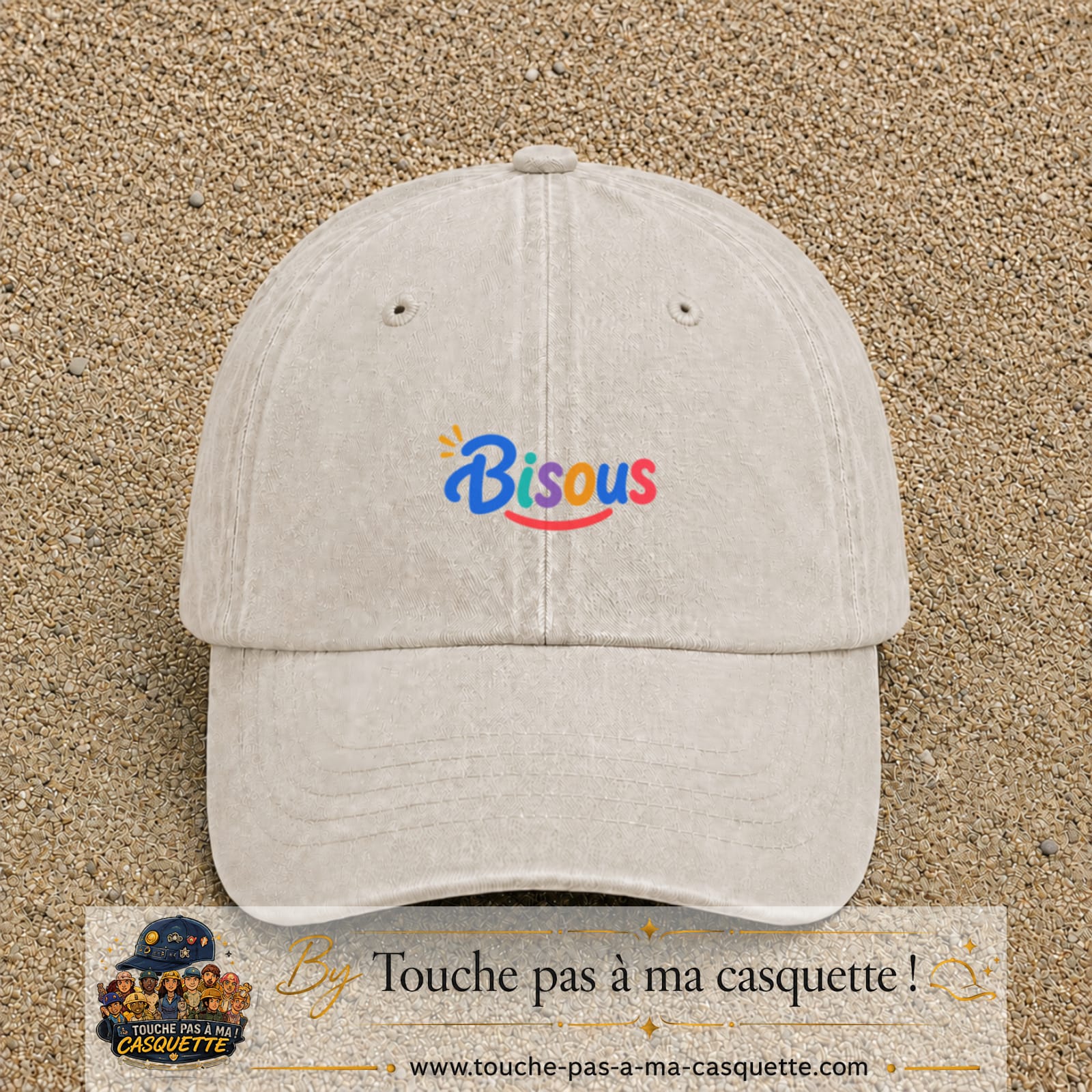 Casquette baseball Beige clair délavé 100% coton avec visuel Bisous coloré 3 cm - image produit principale