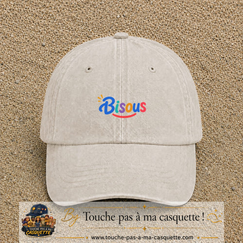 Casquette baseball Beige clair délavé 100% coton avec visuel Bisous coloré 3 cm - image produit principale