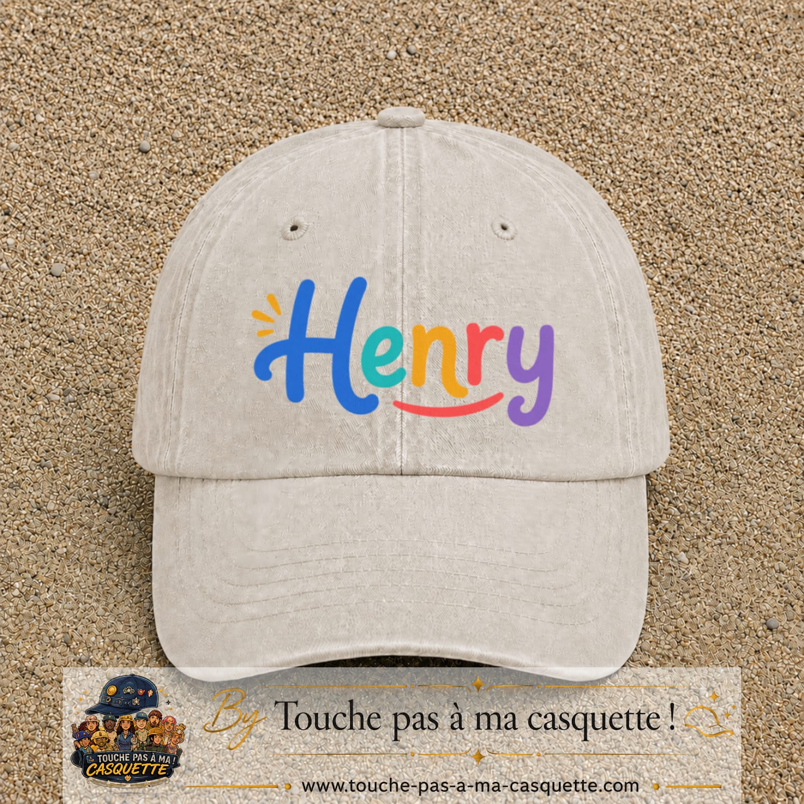 Casquette baseball Beige clair délavé 100% coton avec visuel Prénom Henry coloré 7 cm - image produit principale