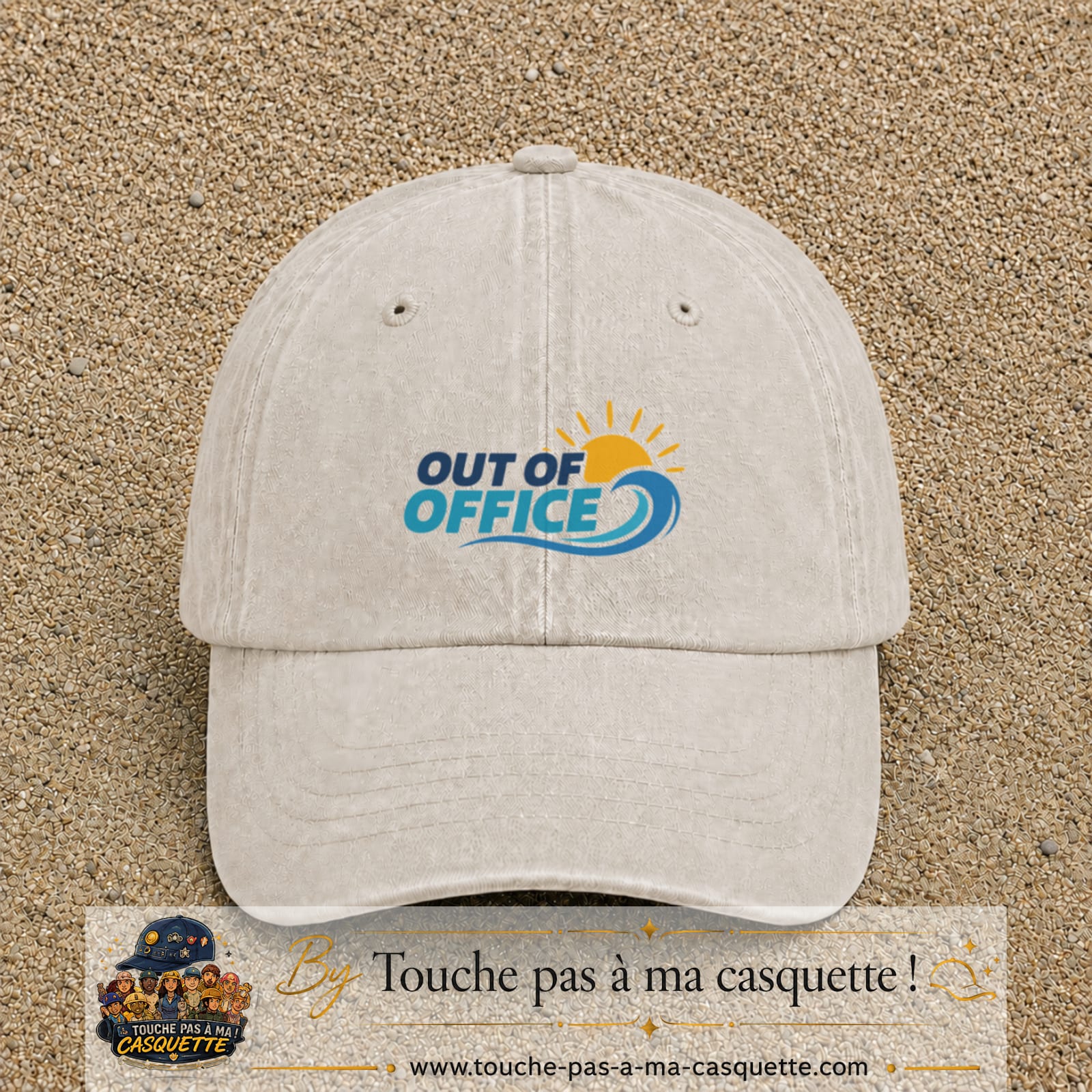 Casquette Beige clair délavé 100% coton avec motif Out of Office vague soleil 5 cm - image principale
