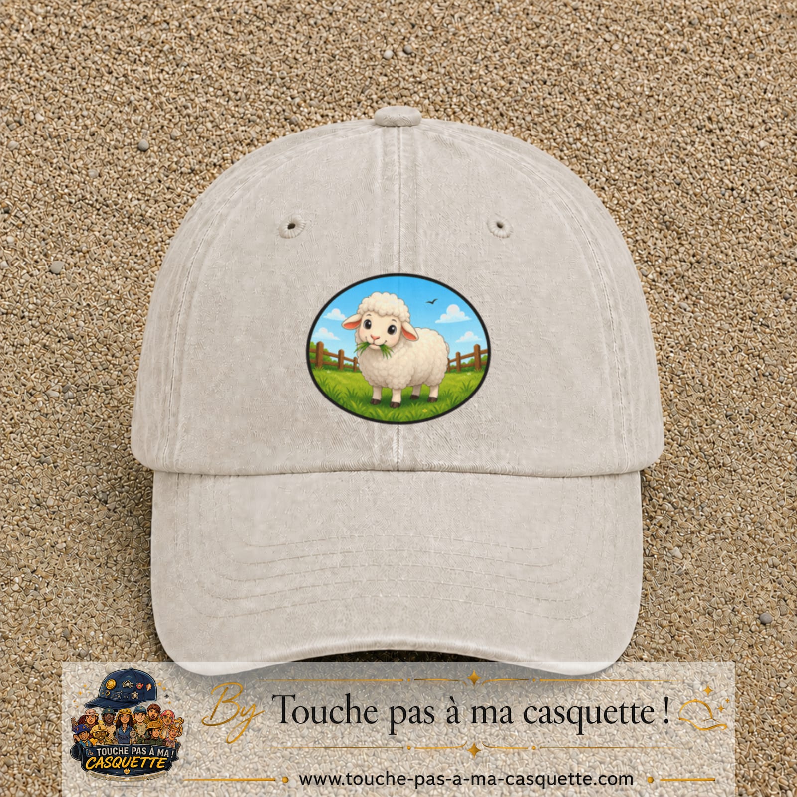 Casquette baseball Beige clair délavé 100% coton avec visuel Mouton à la ferme 7 cm - image produit principale