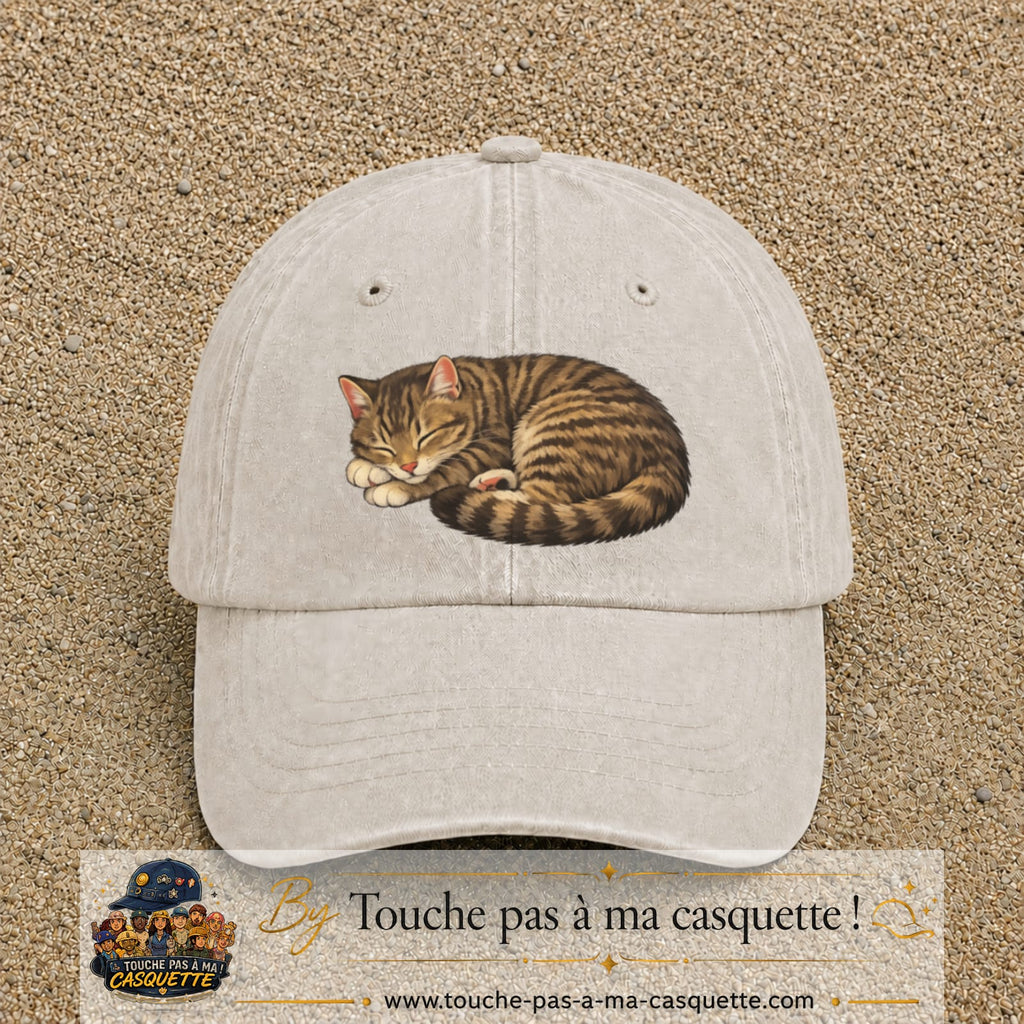 Casquette baseball Beige clair délavé 100% coton avec motif Chat endormi 7 cm - image principale