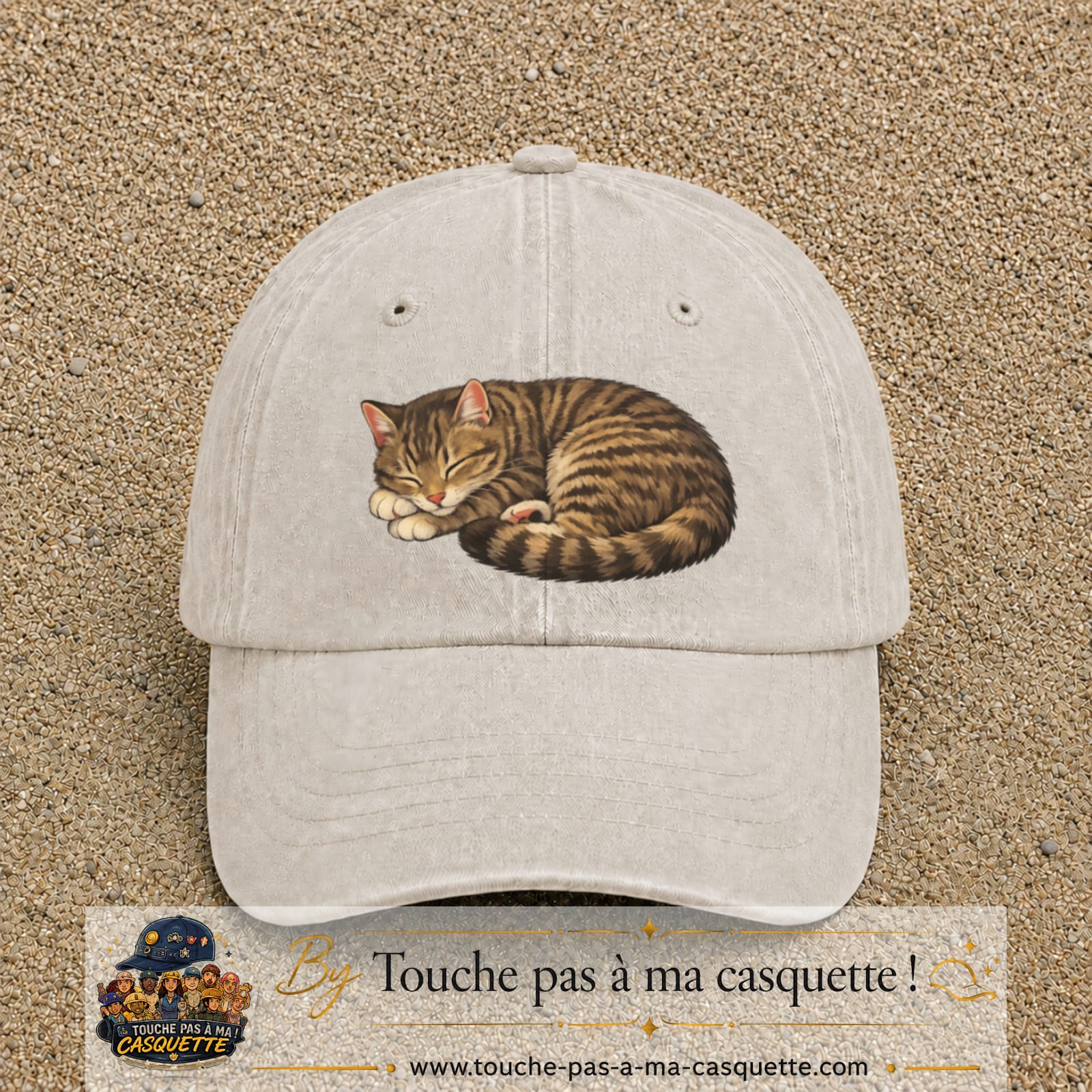 Casquette baseball Beige clair délavé 100% coton avec motif Chat endormi 7 cm - image principale