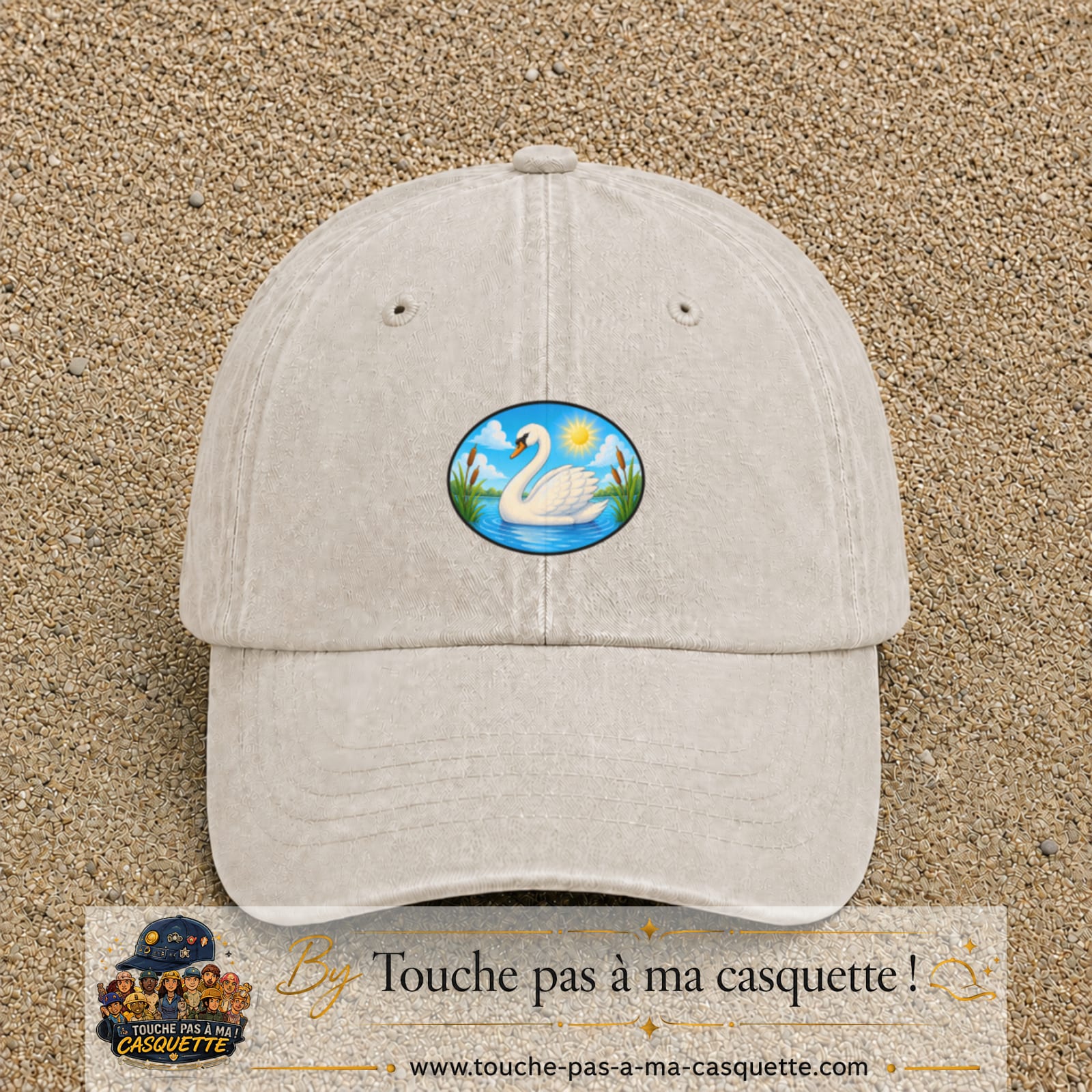 Casquette baseball Beige clair délavé 100% coton avec visuel Cygne sur lac 5 cm - image produit principale