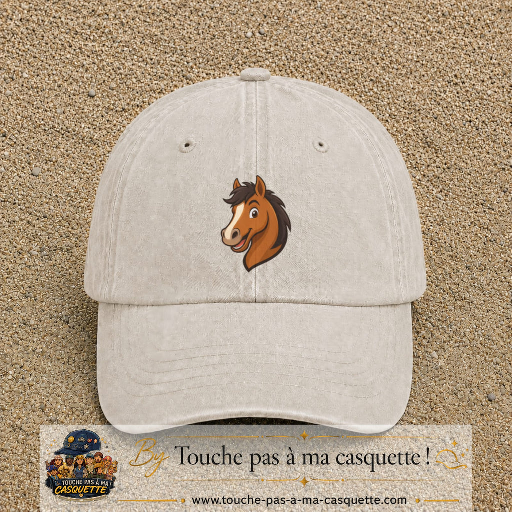 Casquette baseball Beige clair délavé 100% coton avec visuel Cheval souriant 7 cm - image produit principale