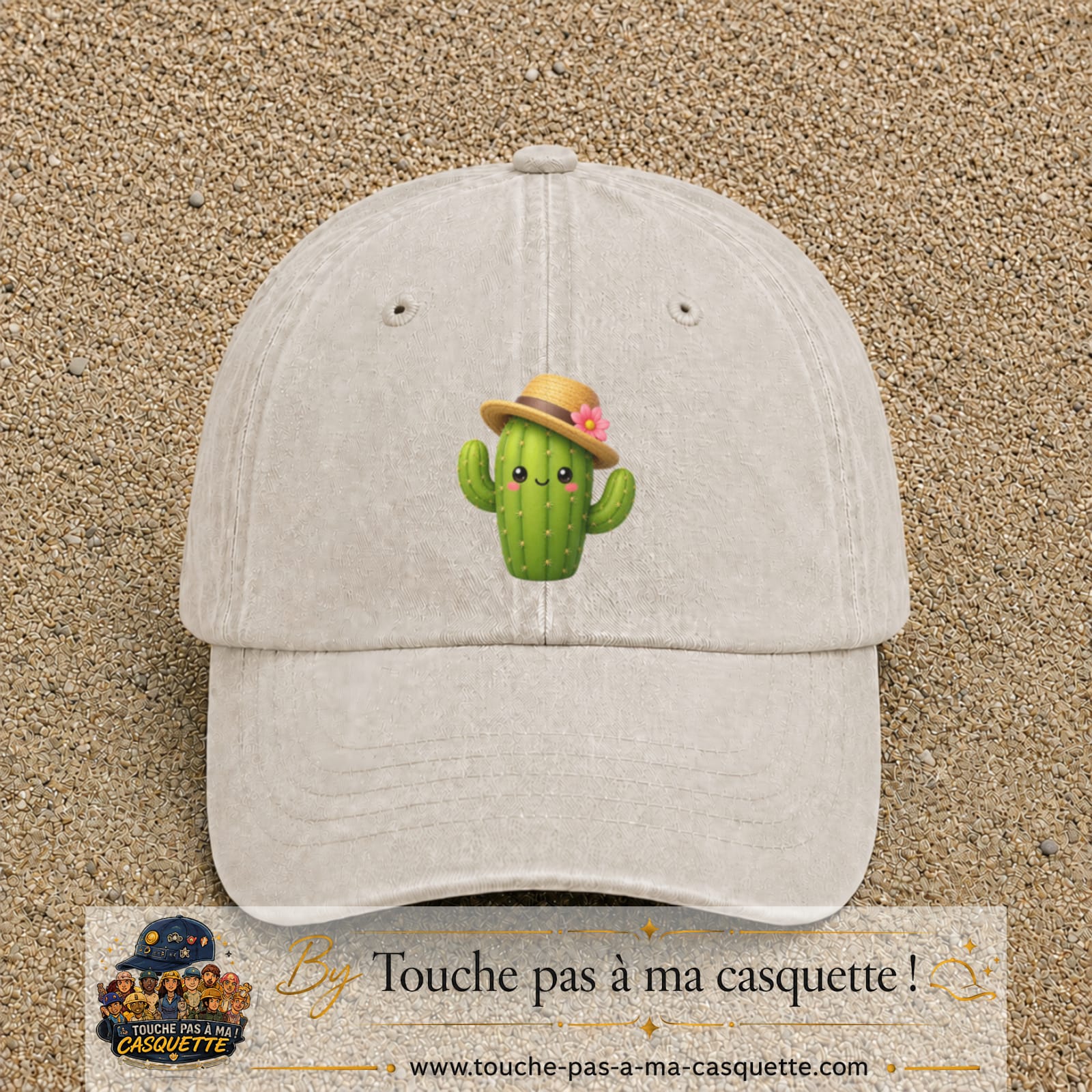 Casquette baseball Beige clair délavé 100% coton avec visuel Cactus kawaii chapeau 7 cm - image produit principale