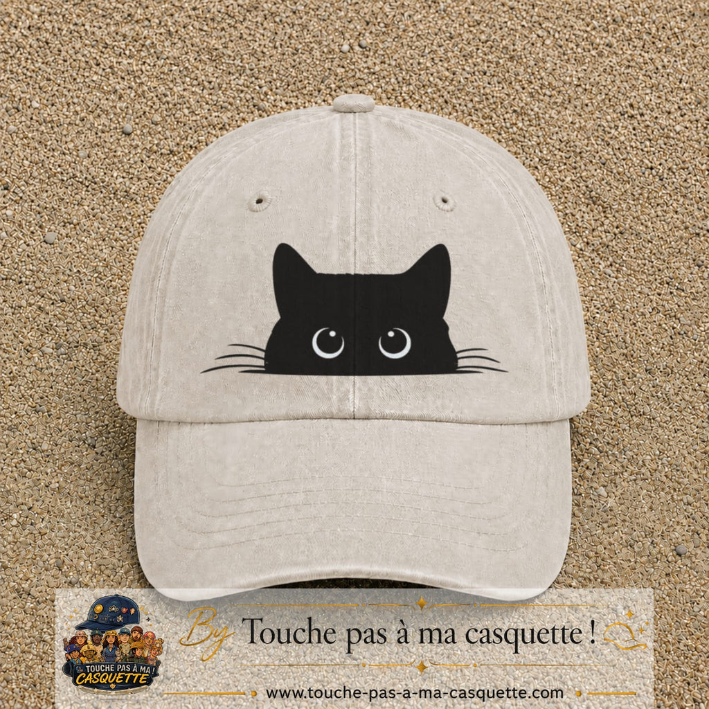 Casquette baseball Beige clair délavé 100% coton avec visuel Chat noir cache-cache 7 cm - image produit principale