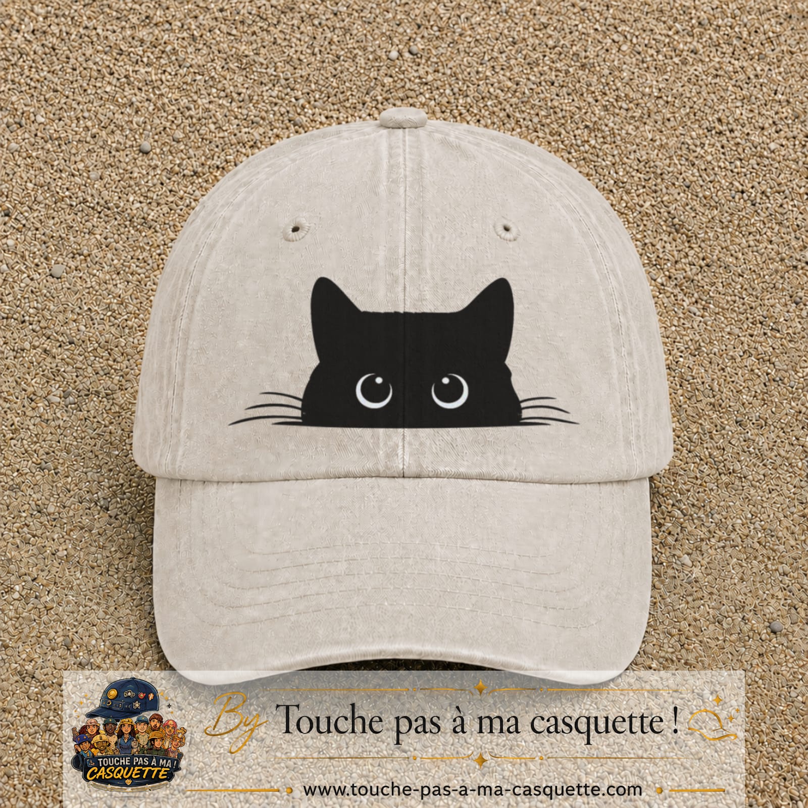 Casquette baseball Beige clair délavé 100% coton avec visuel Chat noir cache-cache 7 cm - image produit principale