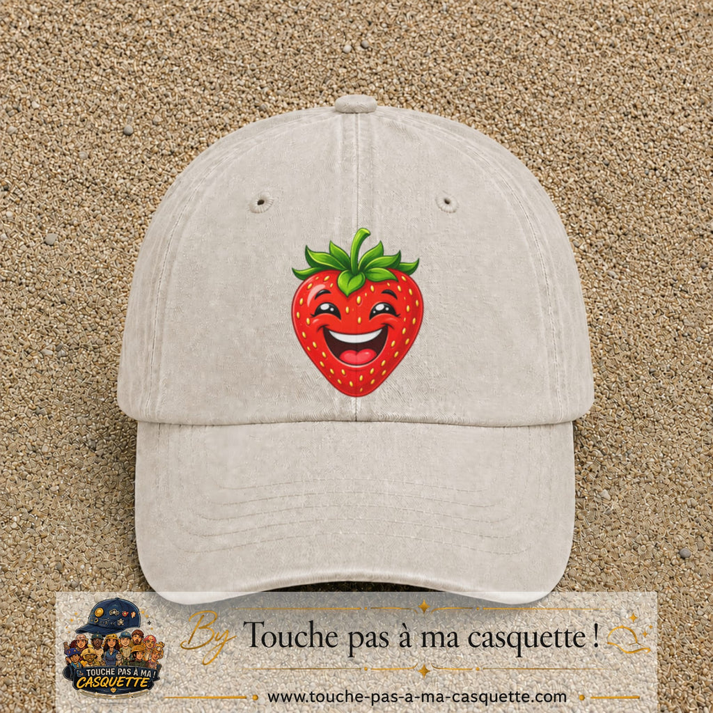 Casquette baseball Beige clair délavé 100% coton avec motif Fraise souriante 7 cm - image principale