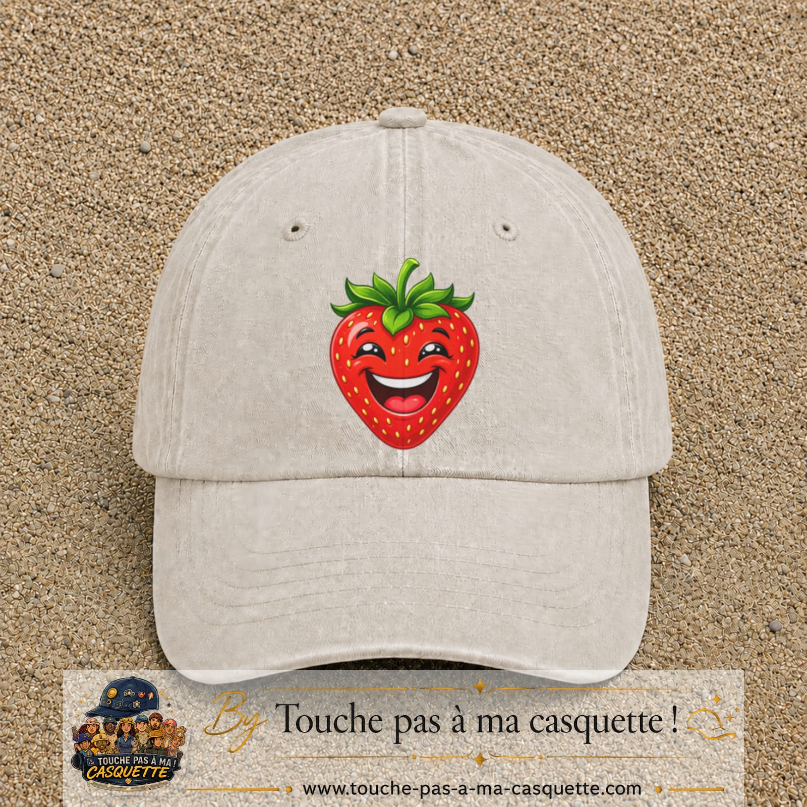 Casquette baseball Beige clair délavé 100% coton avec motif Fraise souriante 7 cm - image principale