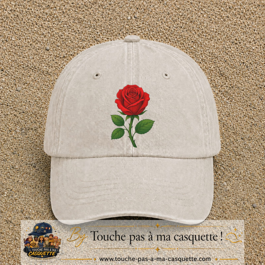 Casquette baseball Beige clair délavé 100% coton avec motif Fleur de rose 7 cm - image principale