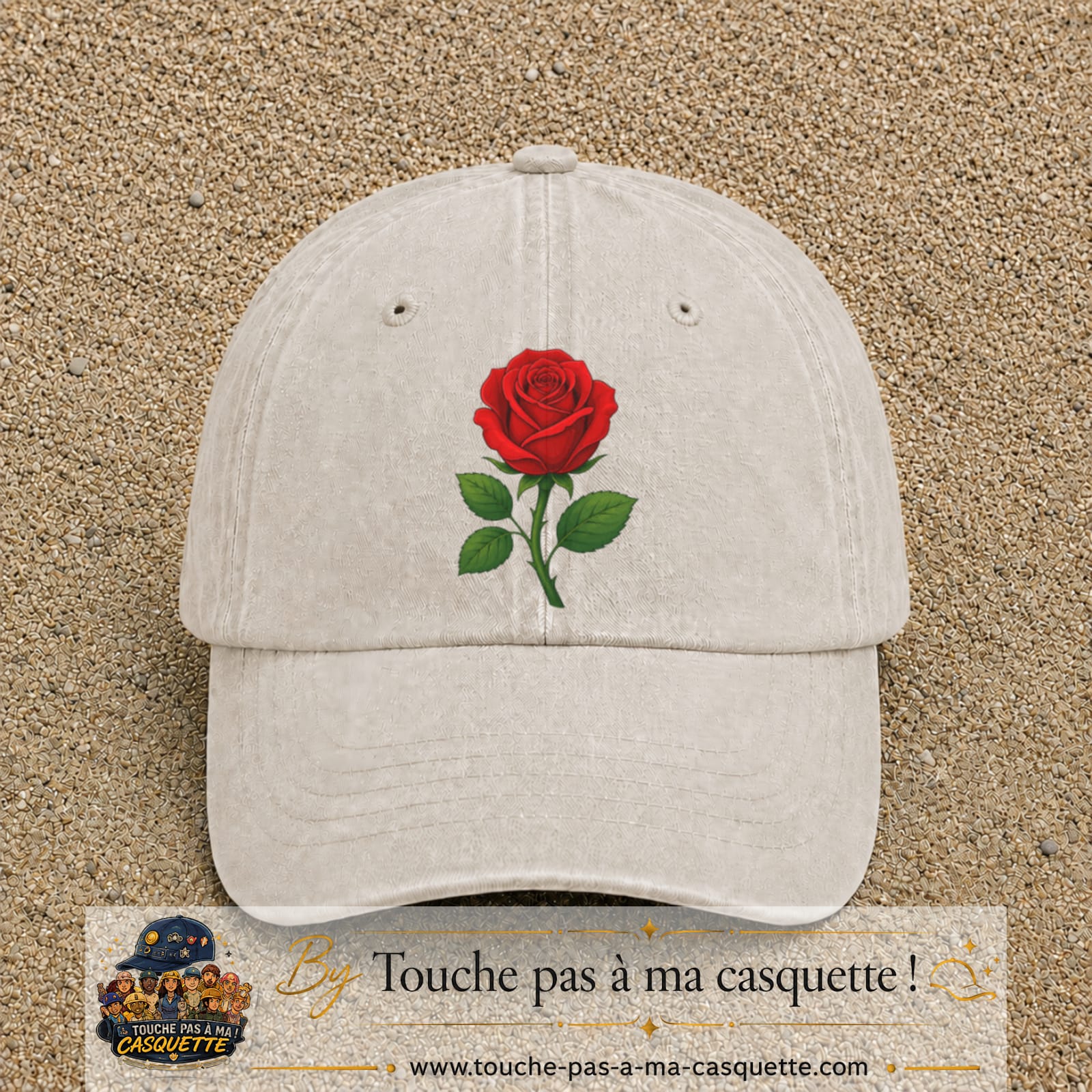 Casquette baseball Beige clair délavé 100% coton avec motif Fleur de rose 7 cm - image principale