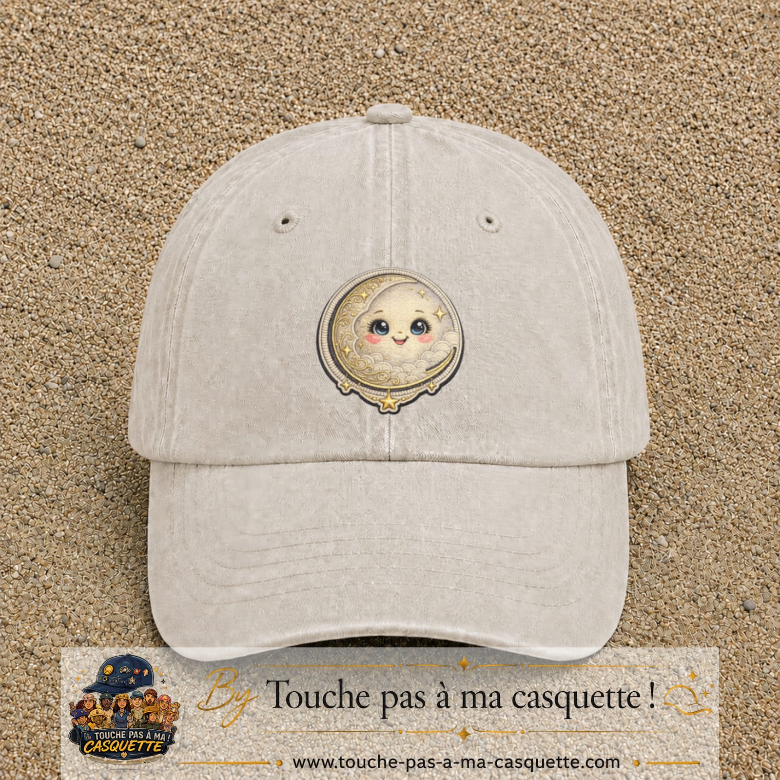 Casquette Beige clair délavé motif Lune kawaii 7 cm - vue principale