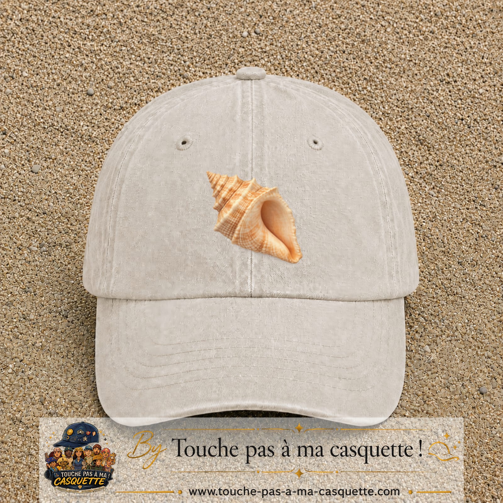 Casquette baseball Beige clair délavé 100% coton avec visuel Coquillage marin 7 cm - image produit principale