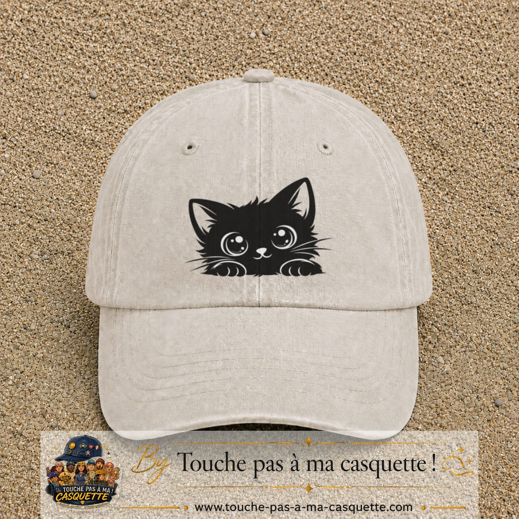 Casquette baseball Beige clair délavé 100% coton avec visuel Chaton noir kawaii 7 cm - image produit principale