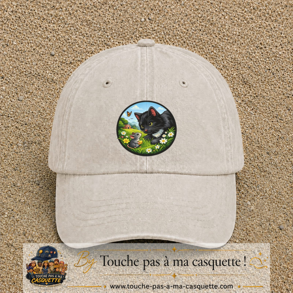 Casquette baseball Beige clair délavé 100% coton avec visuel Chat noir et souris 7 cm - image produit principale