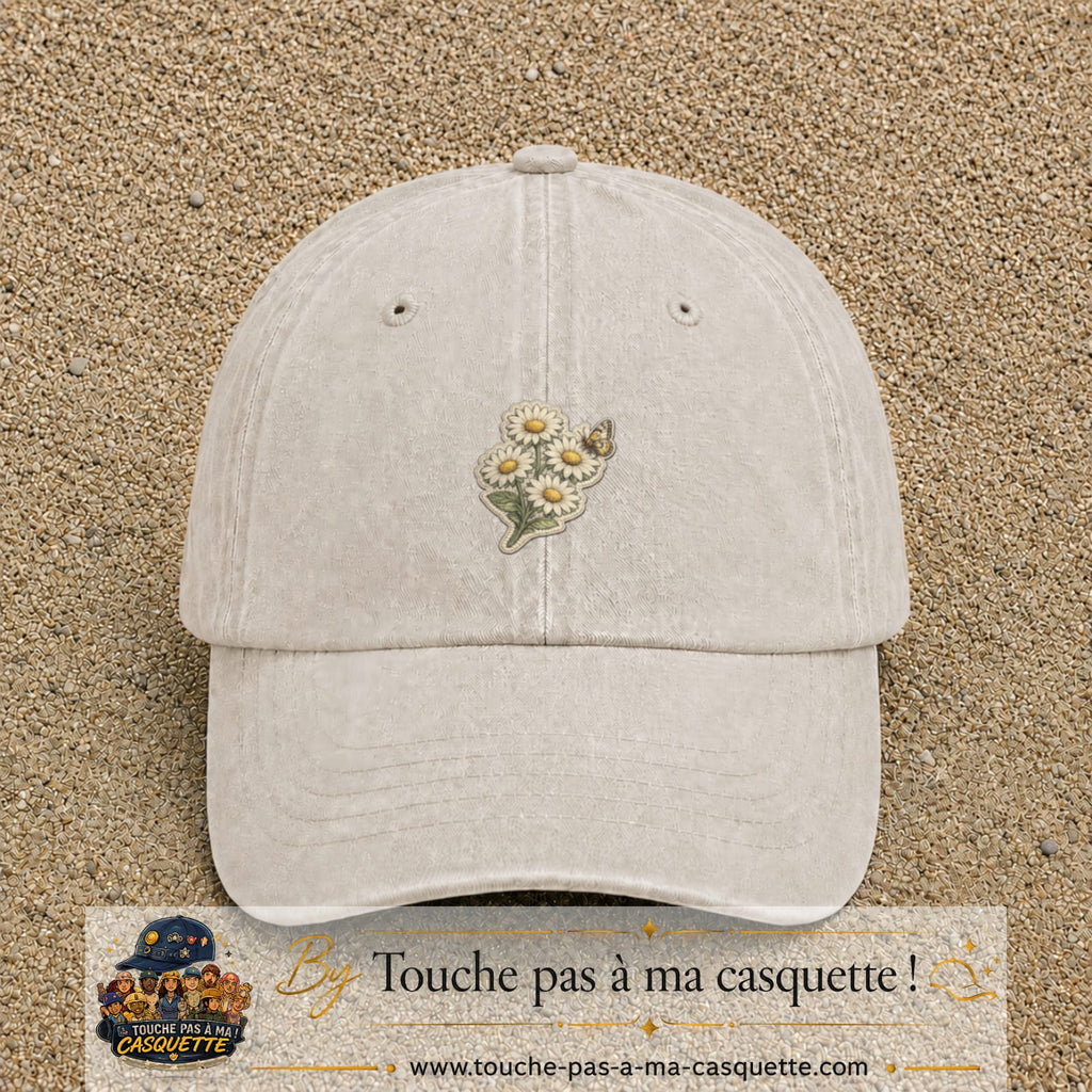 Casquette Beige clair délavé motif Marguerites avec papillon 5 cm - vue principale