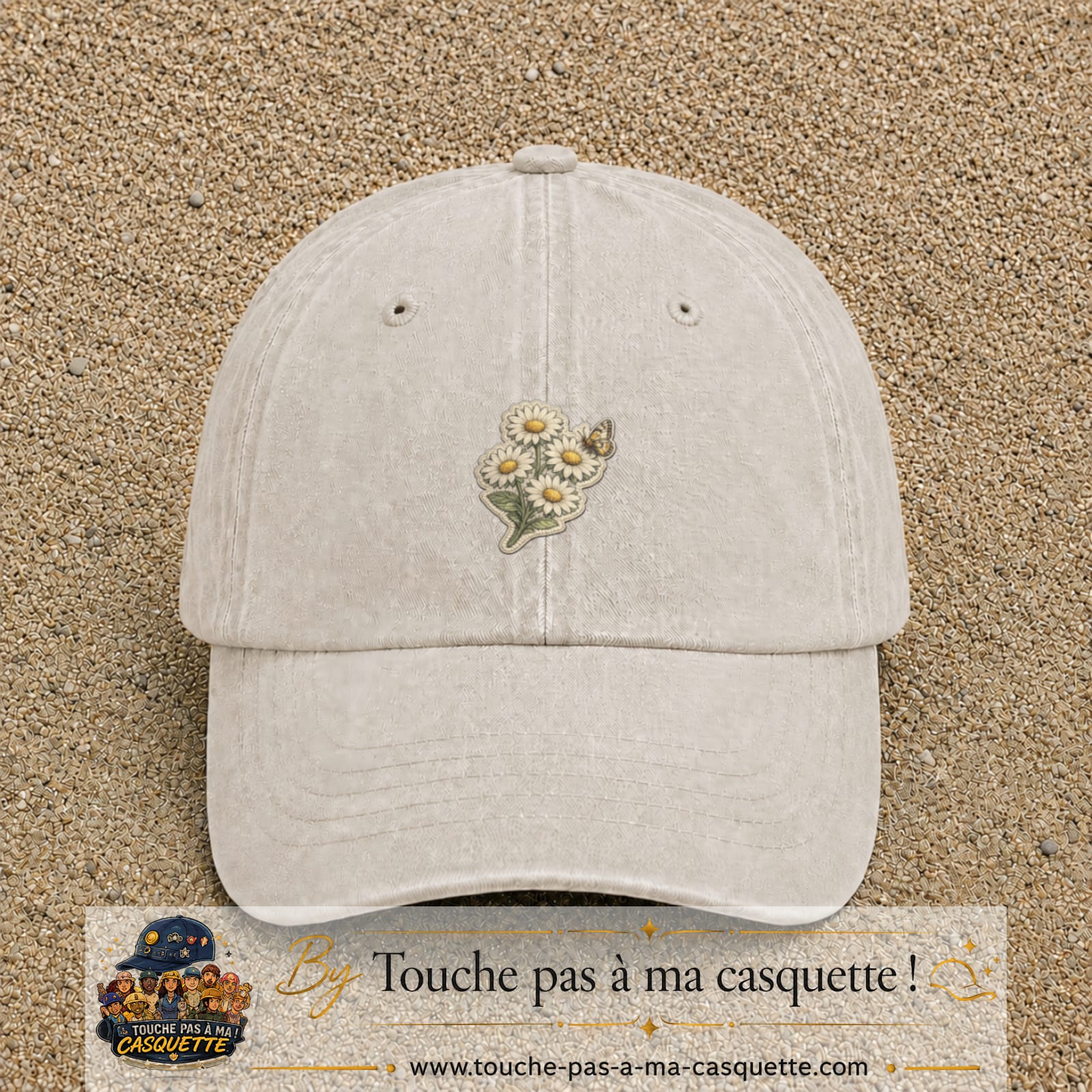 Casquette Beige clair délavé motif Marguerites avec papillon 5 cm - vue principale
