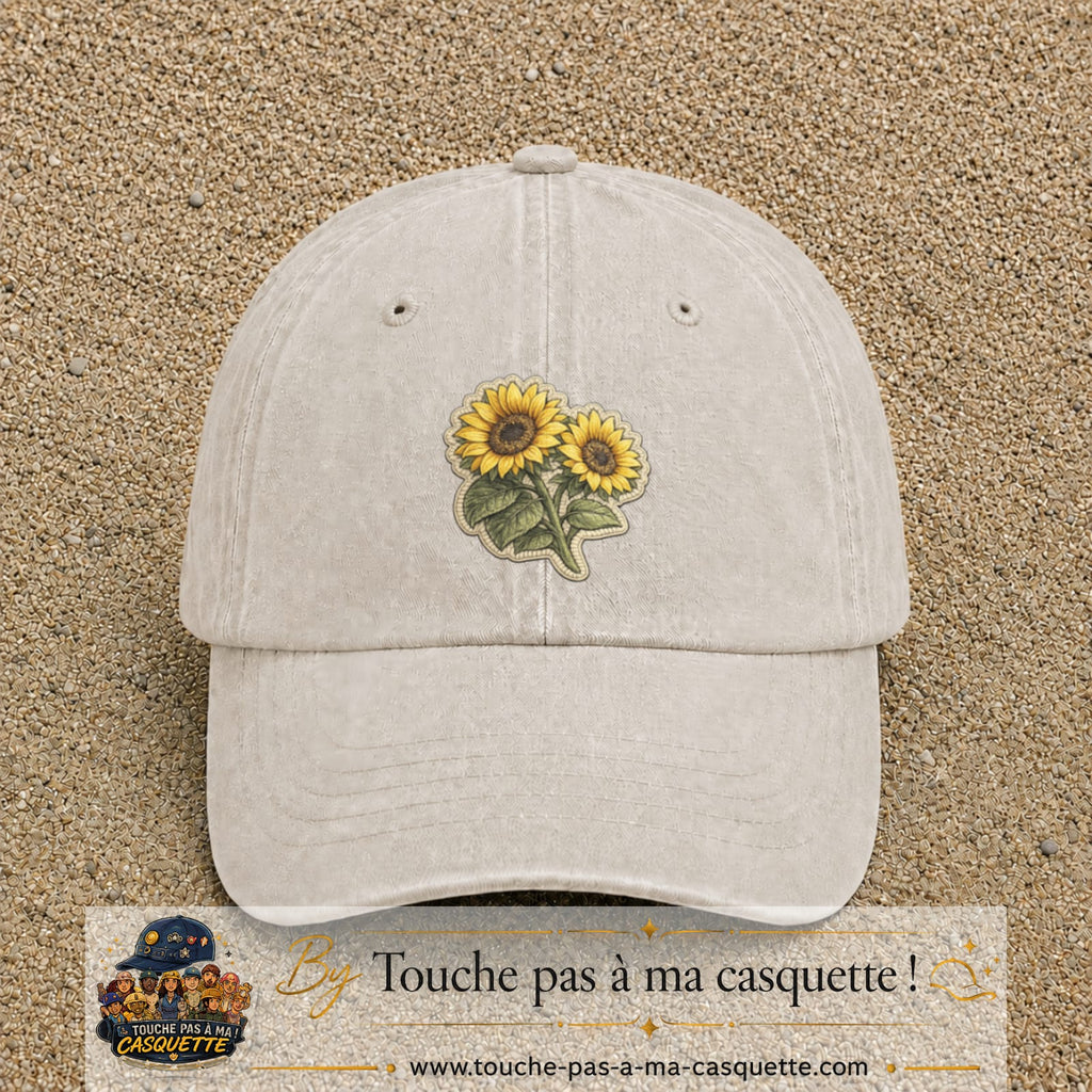 Casquette Beige clair délavé motif Duo de tournesols 7 cm - vue principale