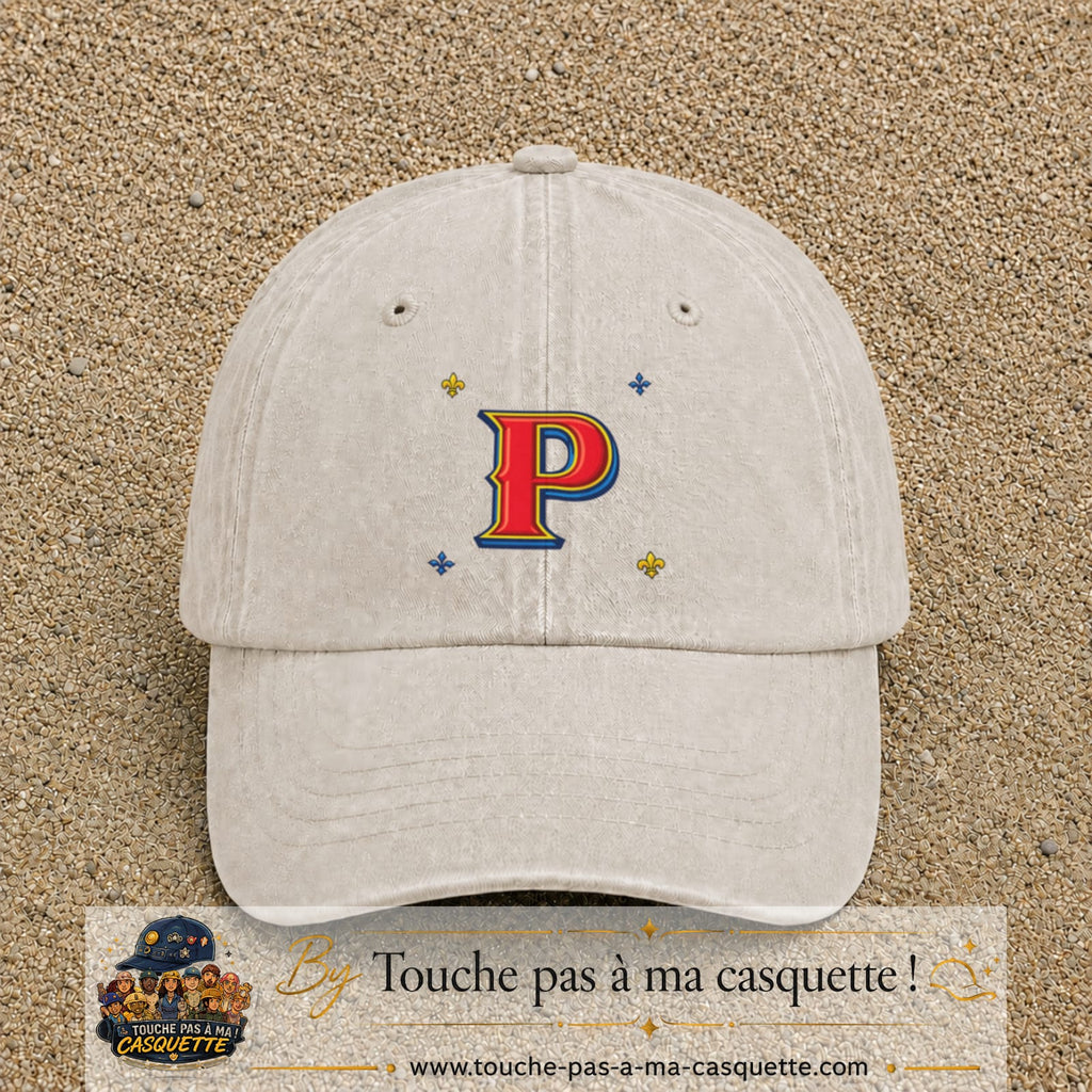Casquette Beige clair délavé 100% coton avec motif Lettre P rouge et bleu 7 cm - image principale
