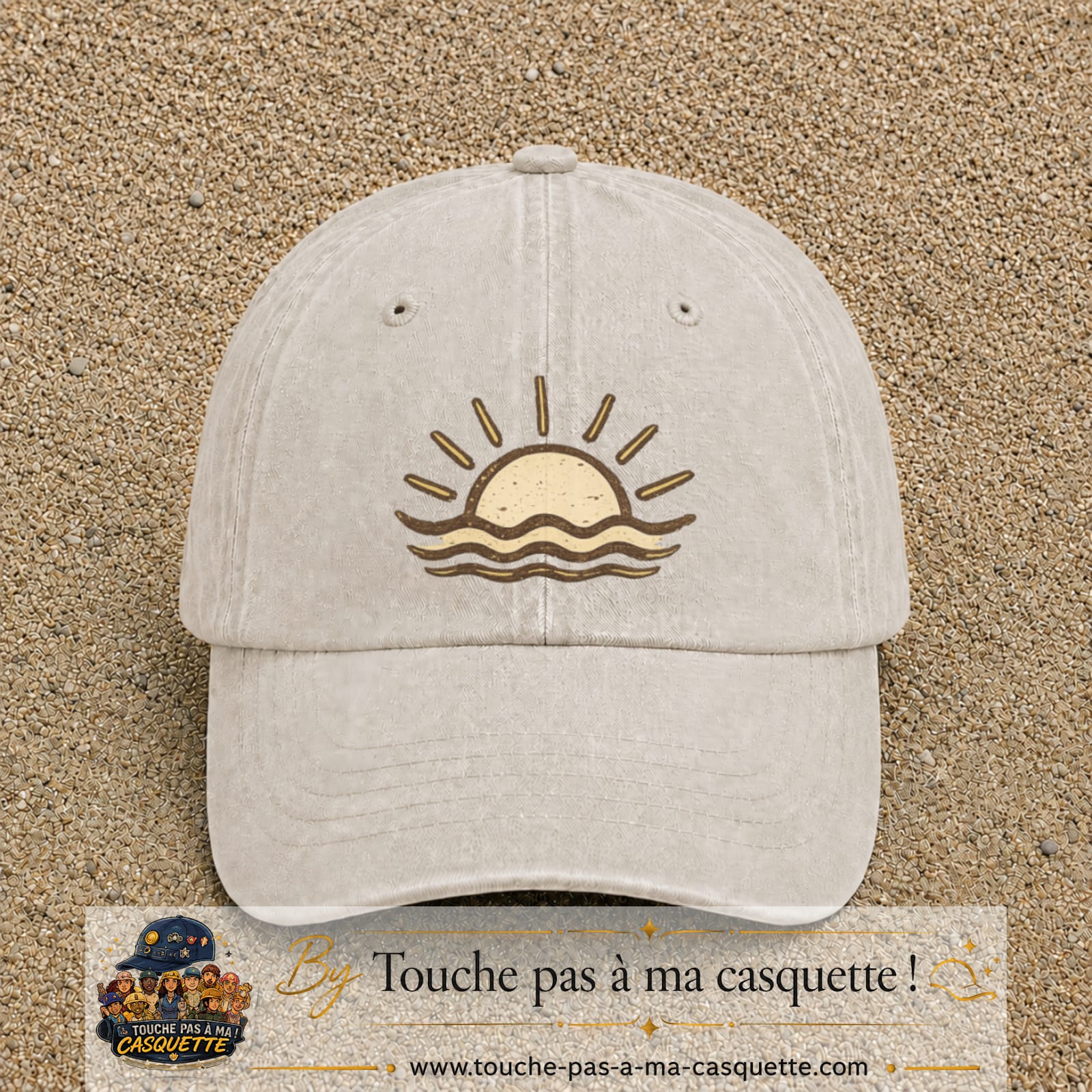 Casquette Beige clair délavé 100% coton avec motif Soleil couchant bohème 7 cm - image principale
