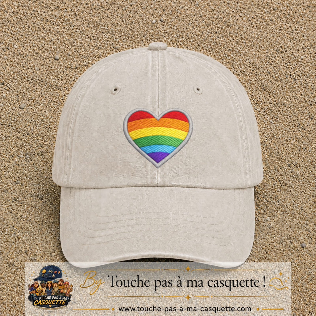 Casquette baseball Beige clair délavé 100% coton avec visuel Cœur arc-en-ciel 7 cm - image produit principale