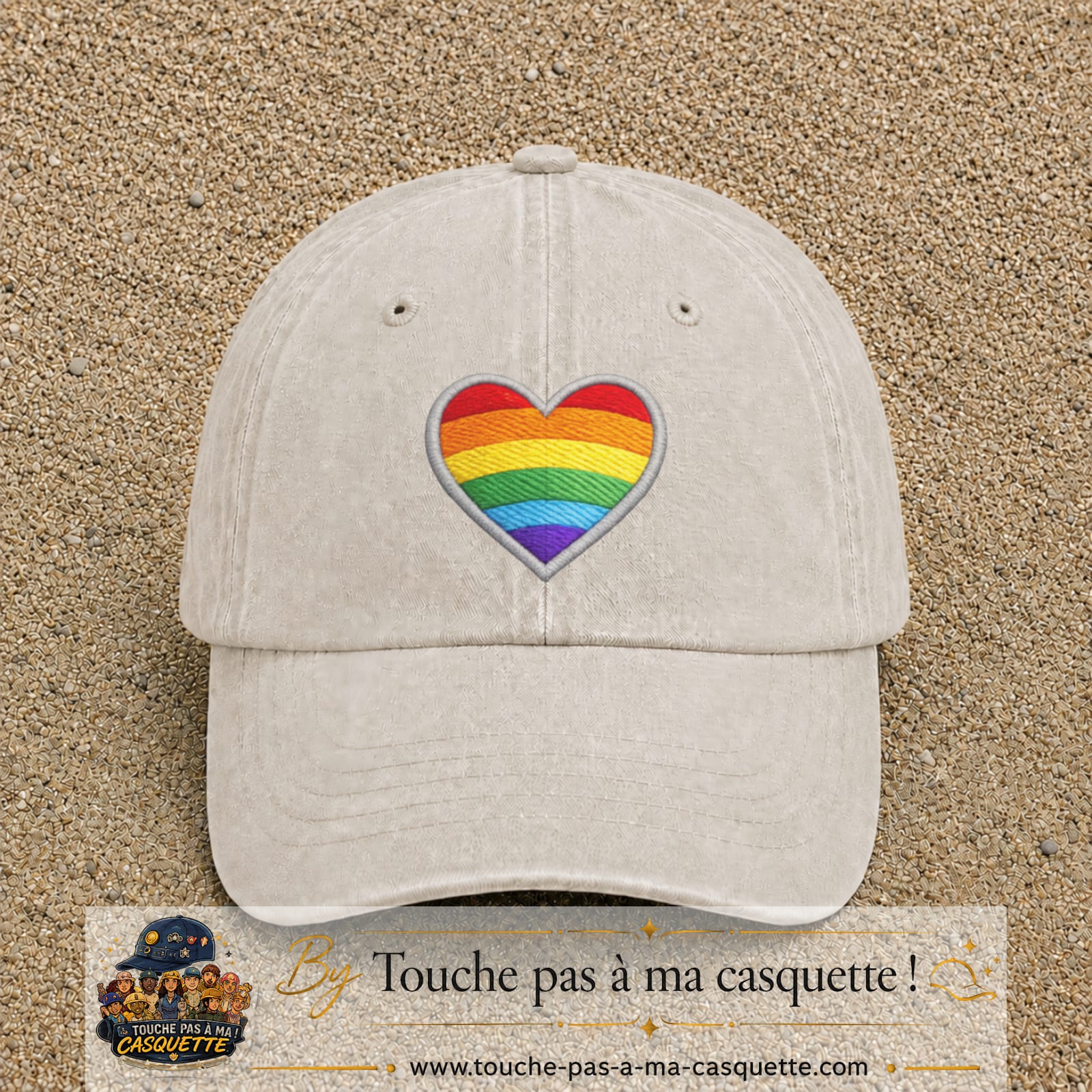 Casquette baseball Beige clair délavé 100% coton avec visuel Cœur arc-en-ciel 7 cm - image produit principale