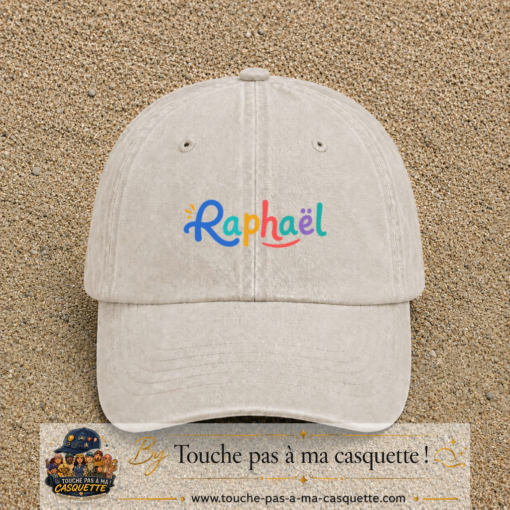Casquette baseball Beige clair délavé 100% coton avec visuel Prénom Raphaël coloré 5 cm - image produit principale