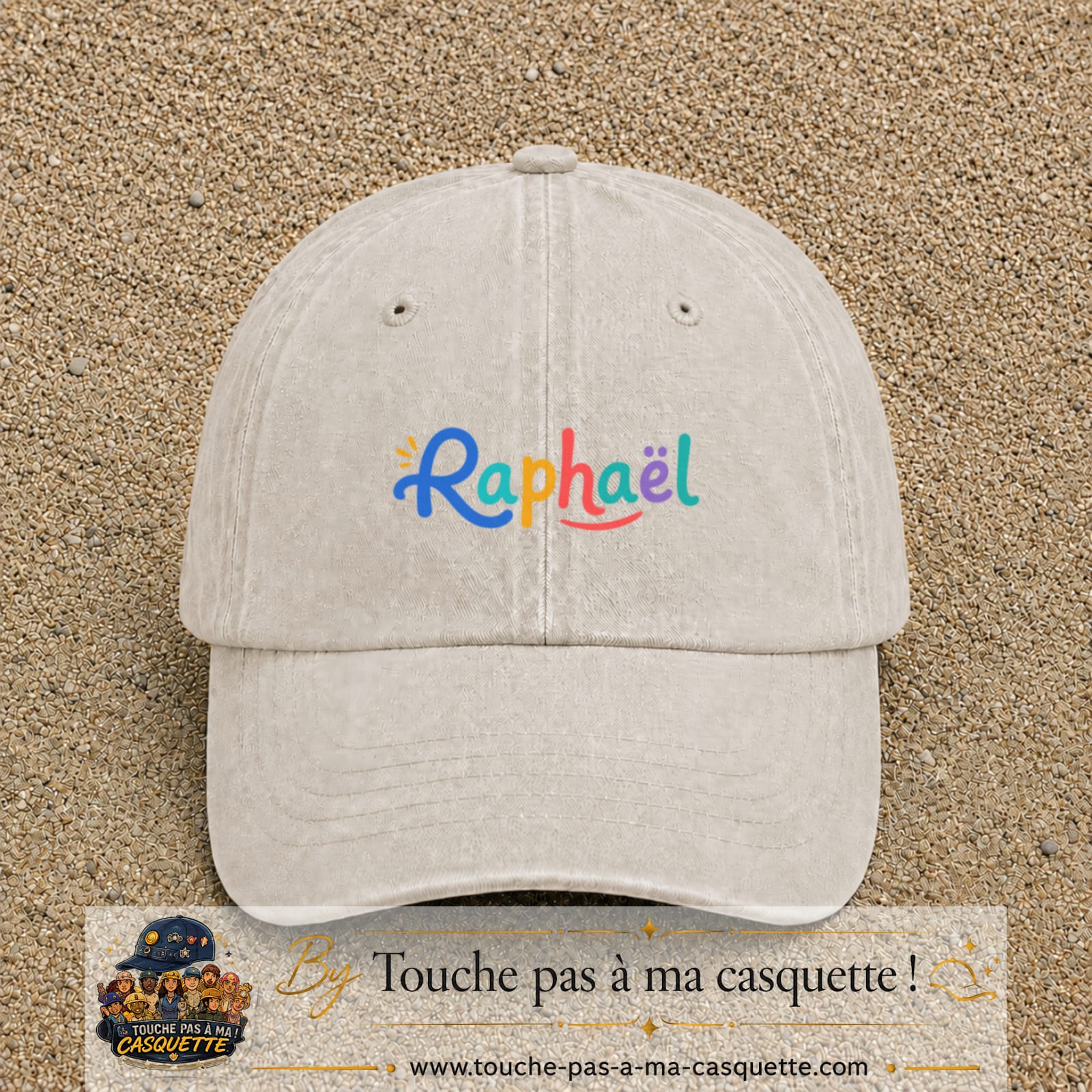 Casquette baseball Beige clair délavé 100% coton avec visuel Prénom Raphaël coloré 5 cm - image produit principale