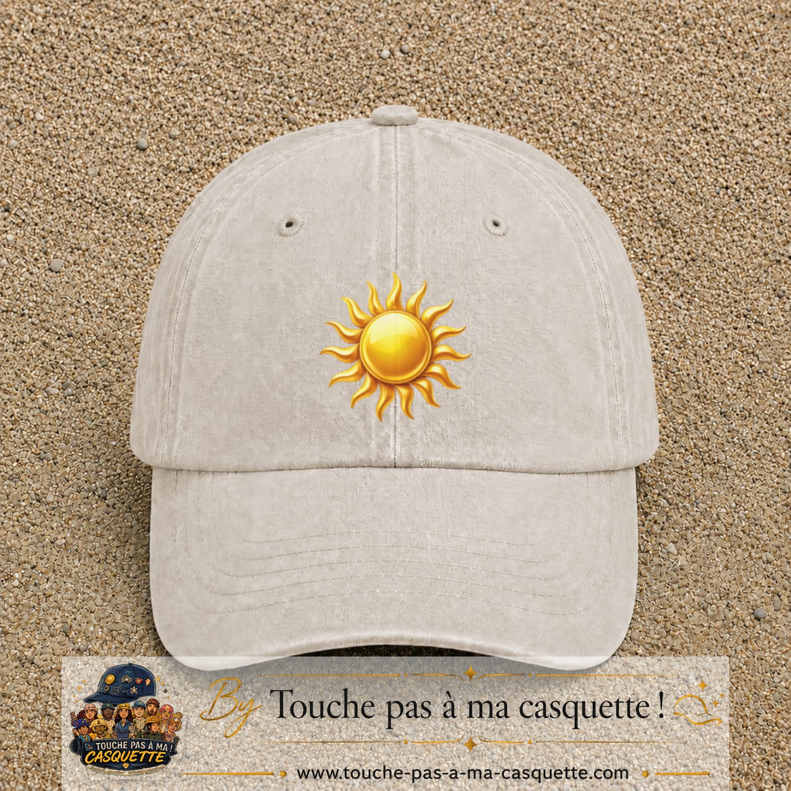Casquette baseball Beige clair délavé 100% coton avec visuel Soleil brillant 7 cm - image produit principale