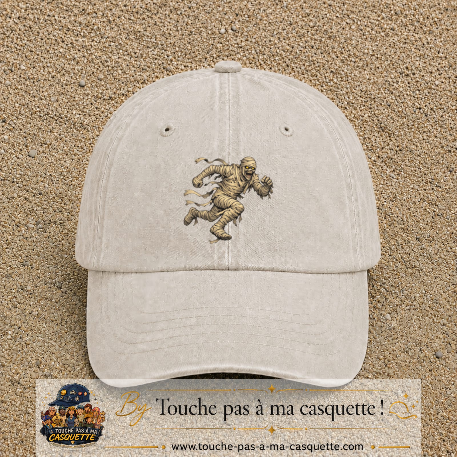 Casquette Beige clair délavé 100% coton avec motif Momie effrayante 7 cm - image principale
