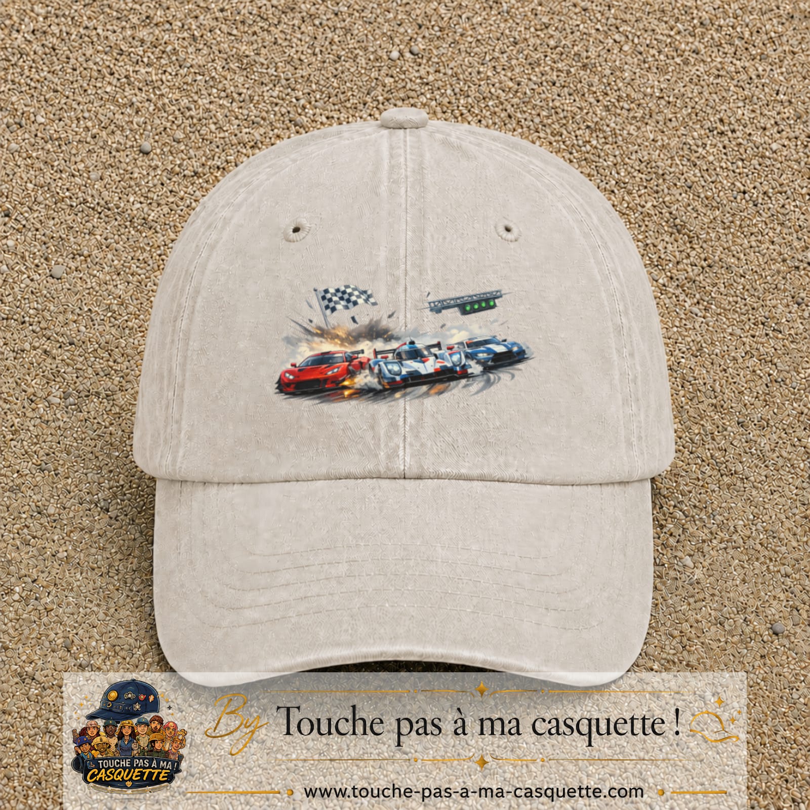 Casquette baseball Beige clair délavé 100% coton avec motif Voitures de course 7 cm - image principale