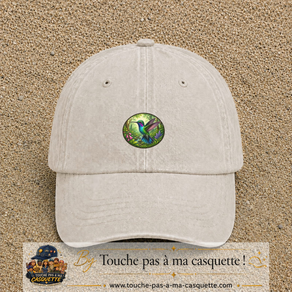 Casquette baseball Beige clair délavé 100% coton avec visuel Colibri tropical 5 cm - image produit principale