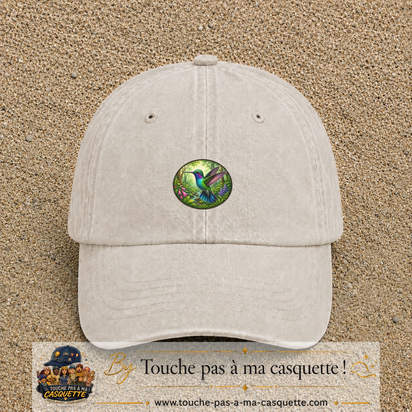 Casquette baseball Beige clair délavé 100% coton avec visuel Colibri tropical 5 cm - image produit principale