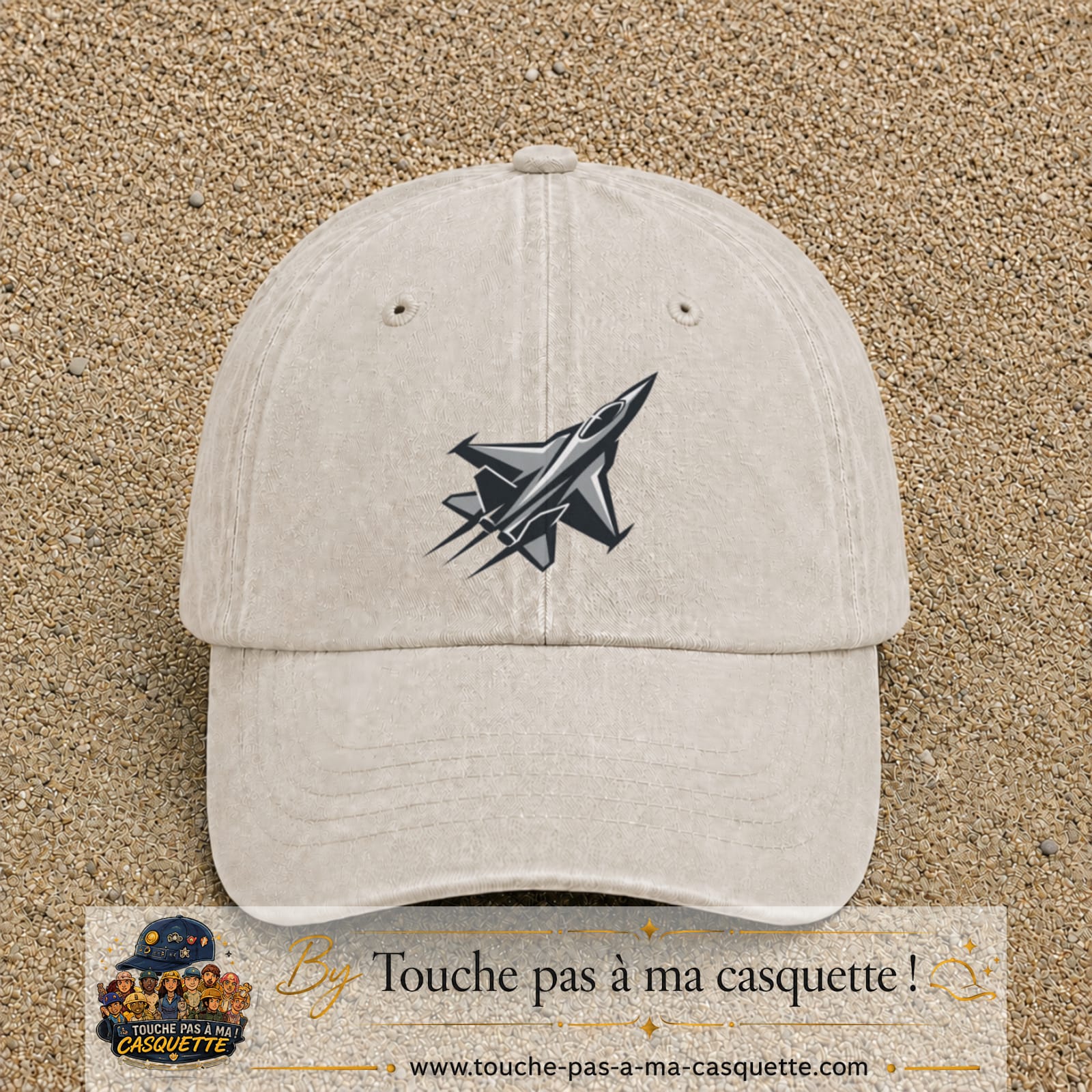 Casquette Beige clair délavé 100% coton avec motif Avion de chasse stylisé 7 cm - image principale