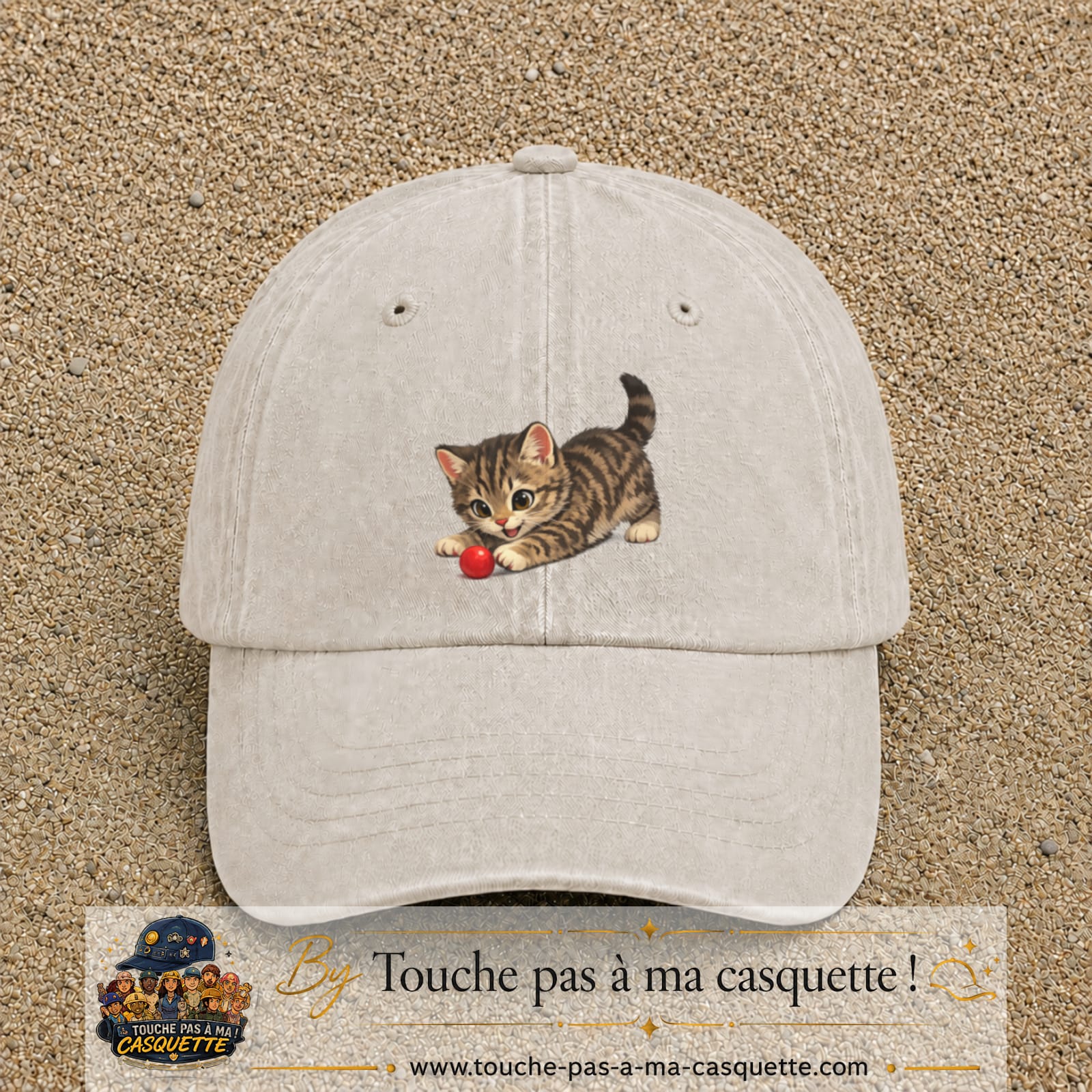 Casquette baseball Beige clair délavé 100% coton avec motif Chaton joueur 7 cm - image principale
