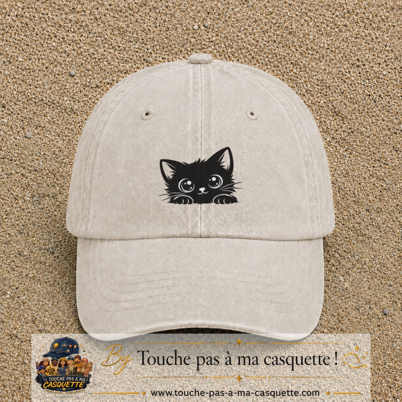 Casquette Beige clair délavé motif Chaton malicieux 5 cm - vue principale